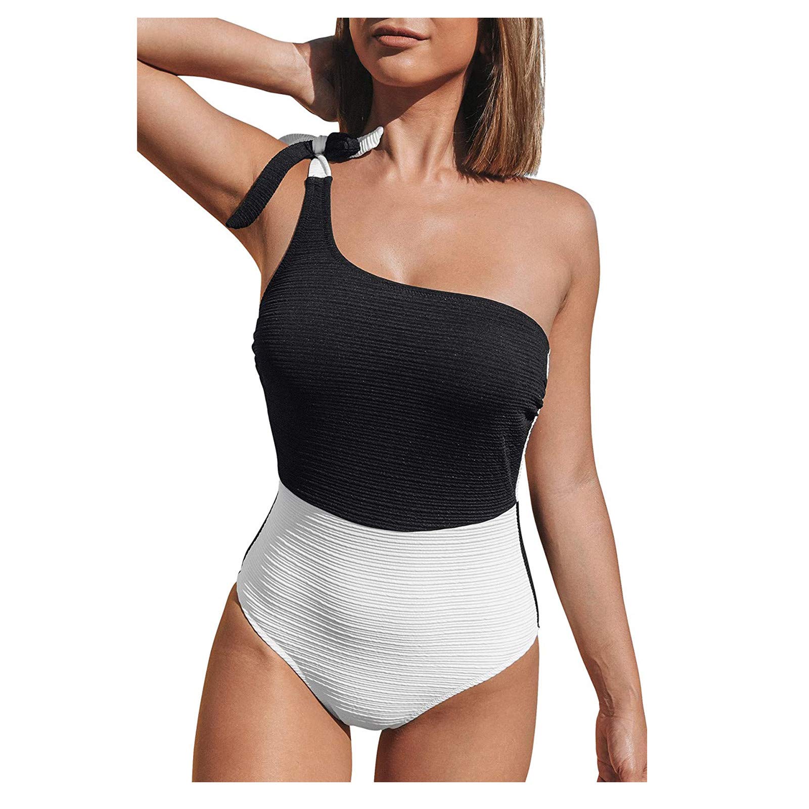 Women's One Shoulder One Piece Swimsuit - Solid Color Bathing Suit with Bowknot Detail | Black | Perfect for Beach Vacations, Pool Parties & Summer Getaways