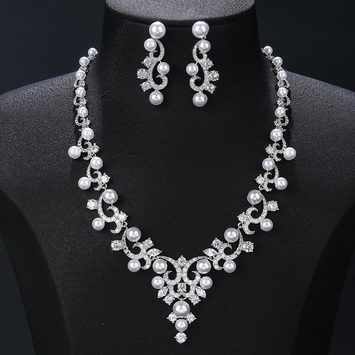Luxury Cubic Zirconia Pearl Necklace for Women - Elegant CZ Bridal Jewelry Set with Matching Earrings - Perfect Wedding, Bridesmaid Gift & Special Occasion Jewelry (CN10370) - Ideal for Weddings, Anniversaries, Prom and Formal Events