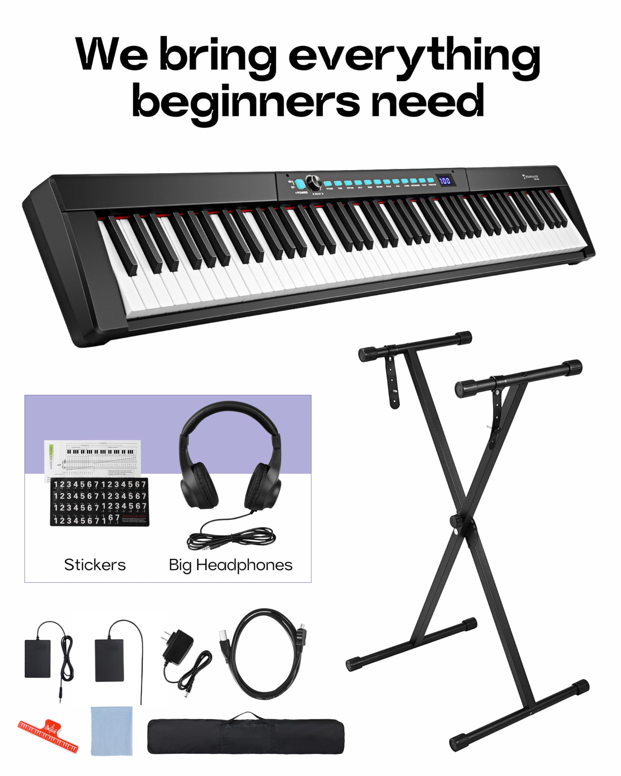 Starfavor 88-Key Digital Piano Keyboard - Portable Electric Piano with Semi-Weighted Keys, Stand, Headphones & Sustain Pedal - Perfect for Beginners, Home Practice & Live Performances