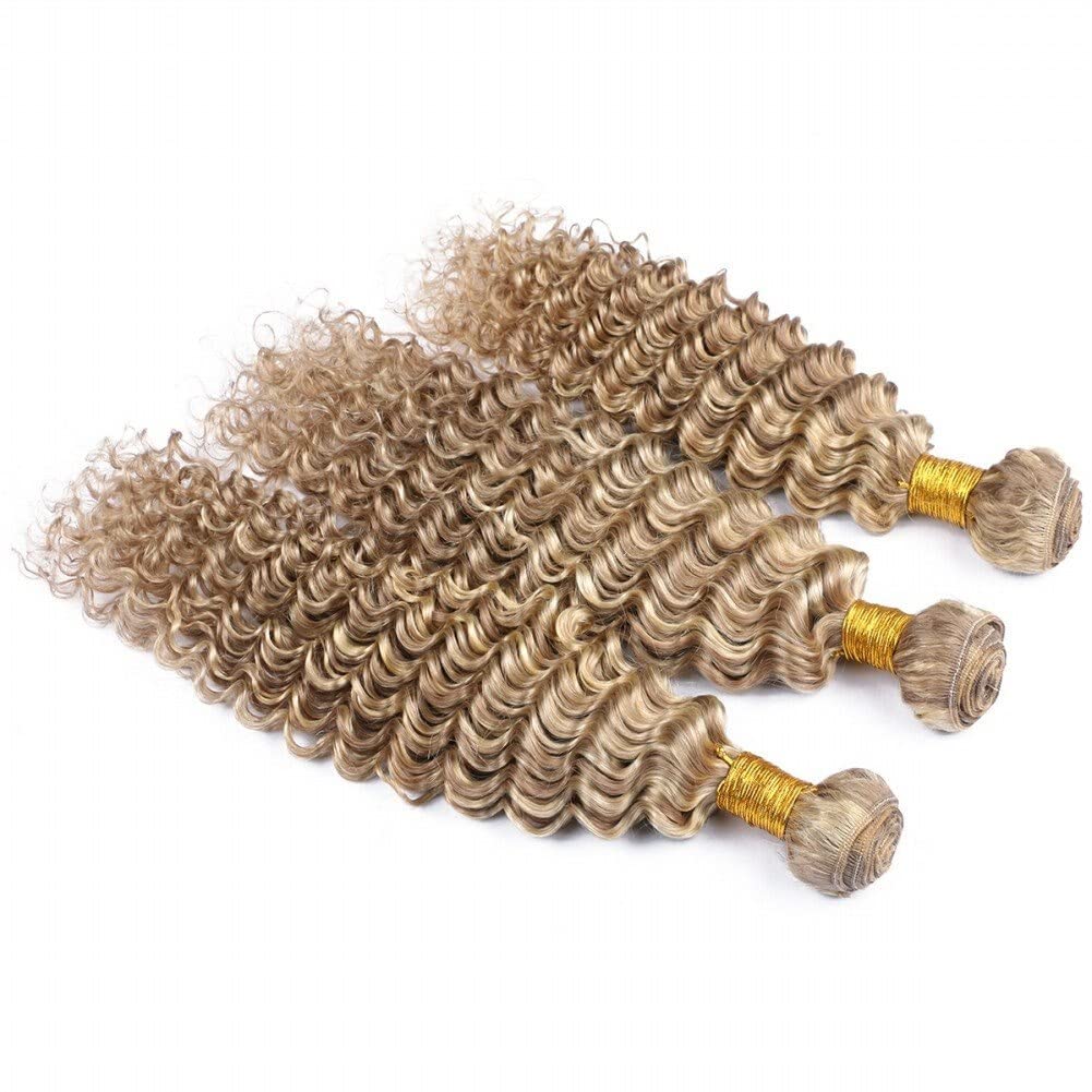 Two Tone 8/613 Deep Wave Hair Bundles - Unprocessed Brown & Blonde Curly Weave Hair Extensions 10-30 Inches (28