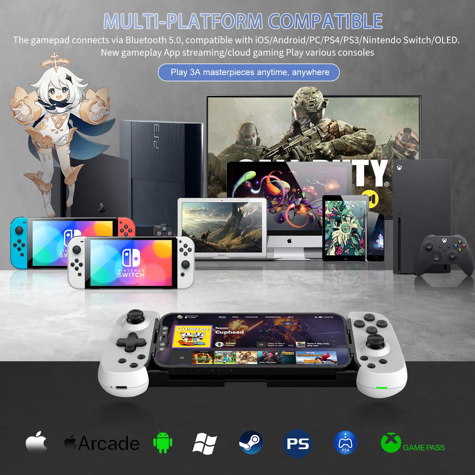 Wireless Gamepad for iPhone, Android, PC - Turbo, Gyro, Dual Motors (White) - Perfect for Cloud Gaming & PS5/Xbox Streaming