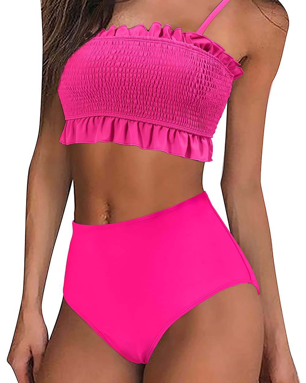 MOOSLOVER Women's Shirred Bandeau Bikini Top & High Waisted Bottom 2-Piece Swimwear Set | Beach Vacation, Pool Party, Summer Swimwear