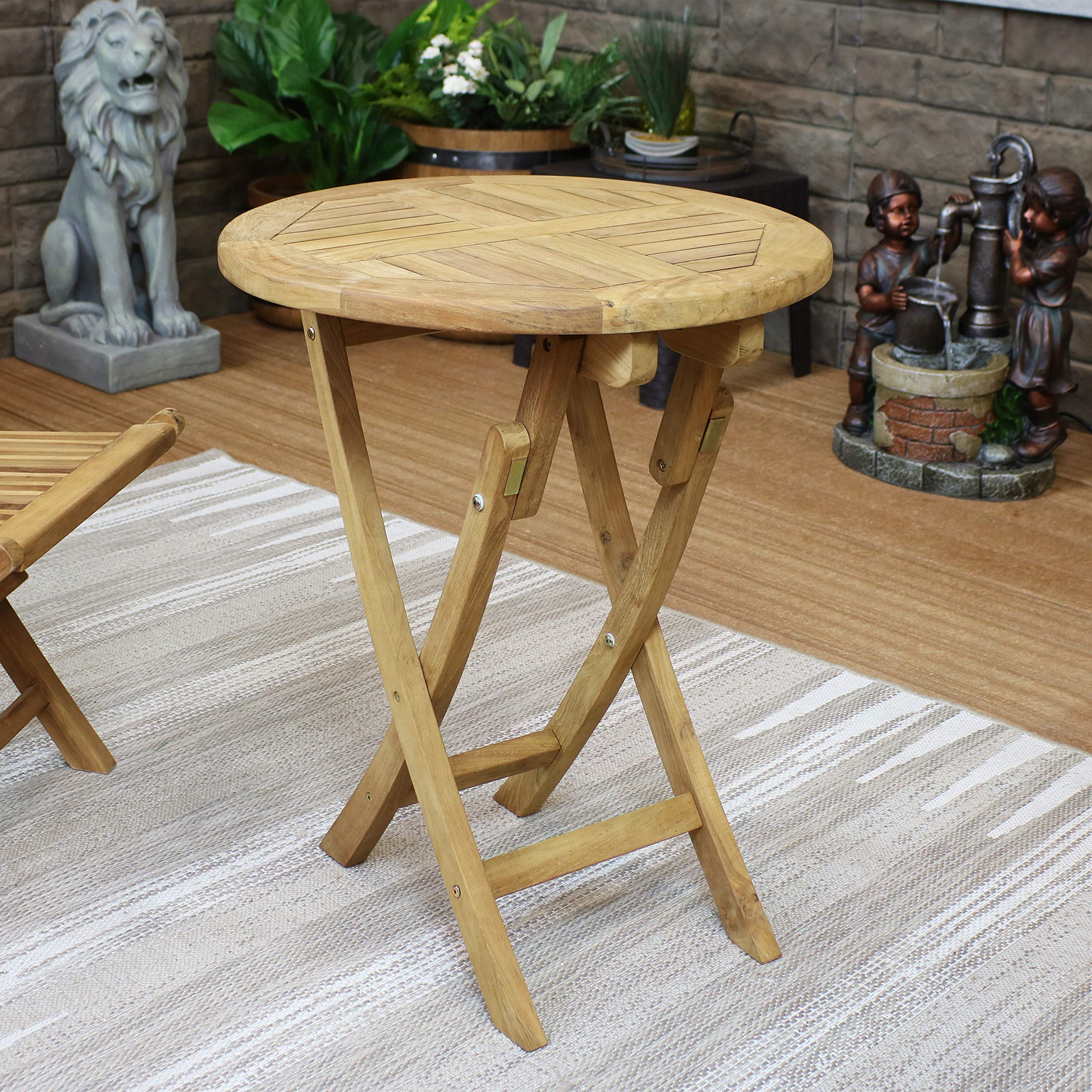 Premium Round Folding Teak Outdoor Dining Table - 23 Inch Weather-Resistant Patio Furniture with Light Wood Stain Finish - Perfect for Garden, Poolside & Backyard Entertaining