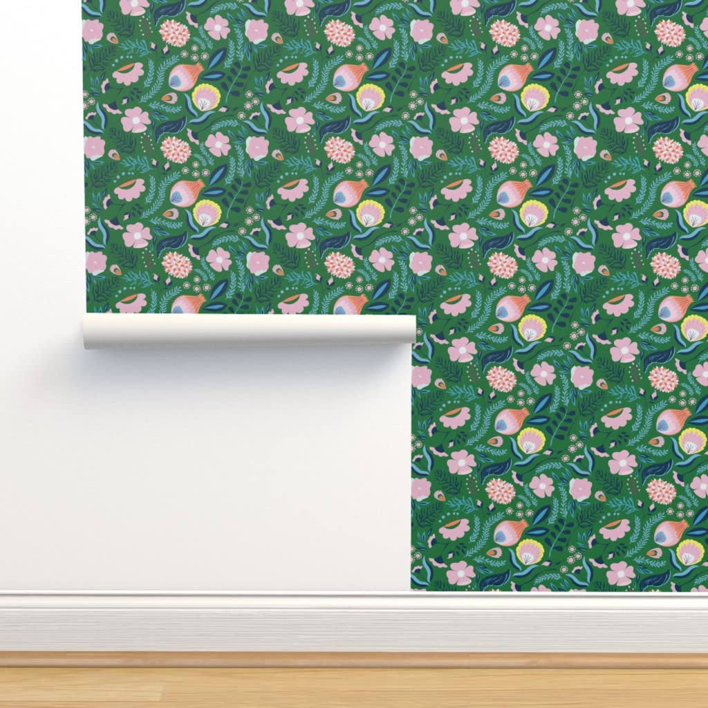 Peel & Stick Wallpaper 9ft x 2ft - Floral Wildflowers Tropical Island Green Navy Custom Removable Wallpaper by Spoonflower | Perfect for Bedroom, Living Room & Home Decor