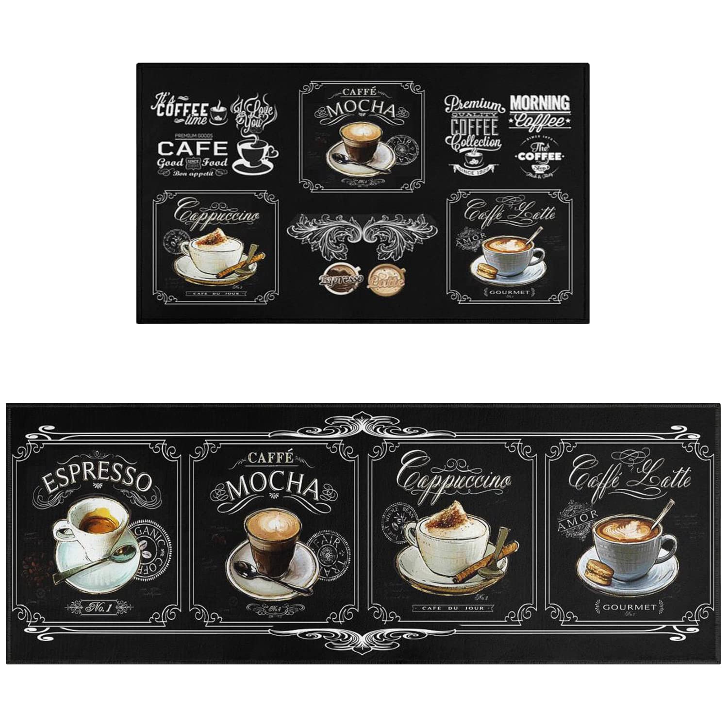 Premium Non-Slip Kitchen Rugs Set of 2 - Black Coffee Cup Latte Art Design, Super Absorbent & Washable, Waterproof Kitchen Sink Mats for Coffee Lovers - Perfect for Kitchen, Laundry Room & Entryway Decor