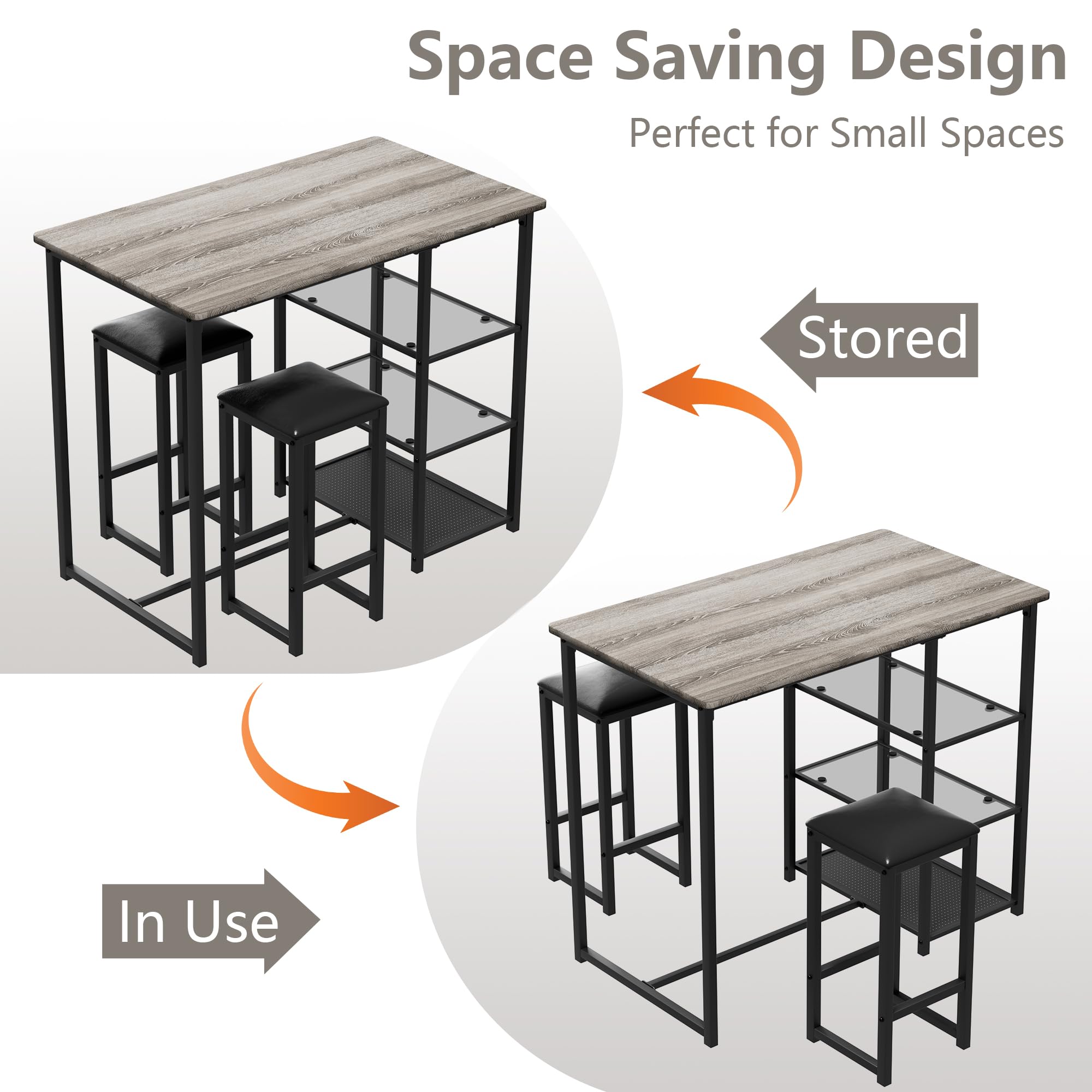 VECELO 2-Person Counter Height Dining Table Set with 3 Storage Shelves, Wood Top & PU Cushion Chairs - Space Saving Kitchen Table for Small Apartments, Dining Rooms (Light Gray) | Perfect for Breakfast Nooks, Studio Living & Compact Spaces