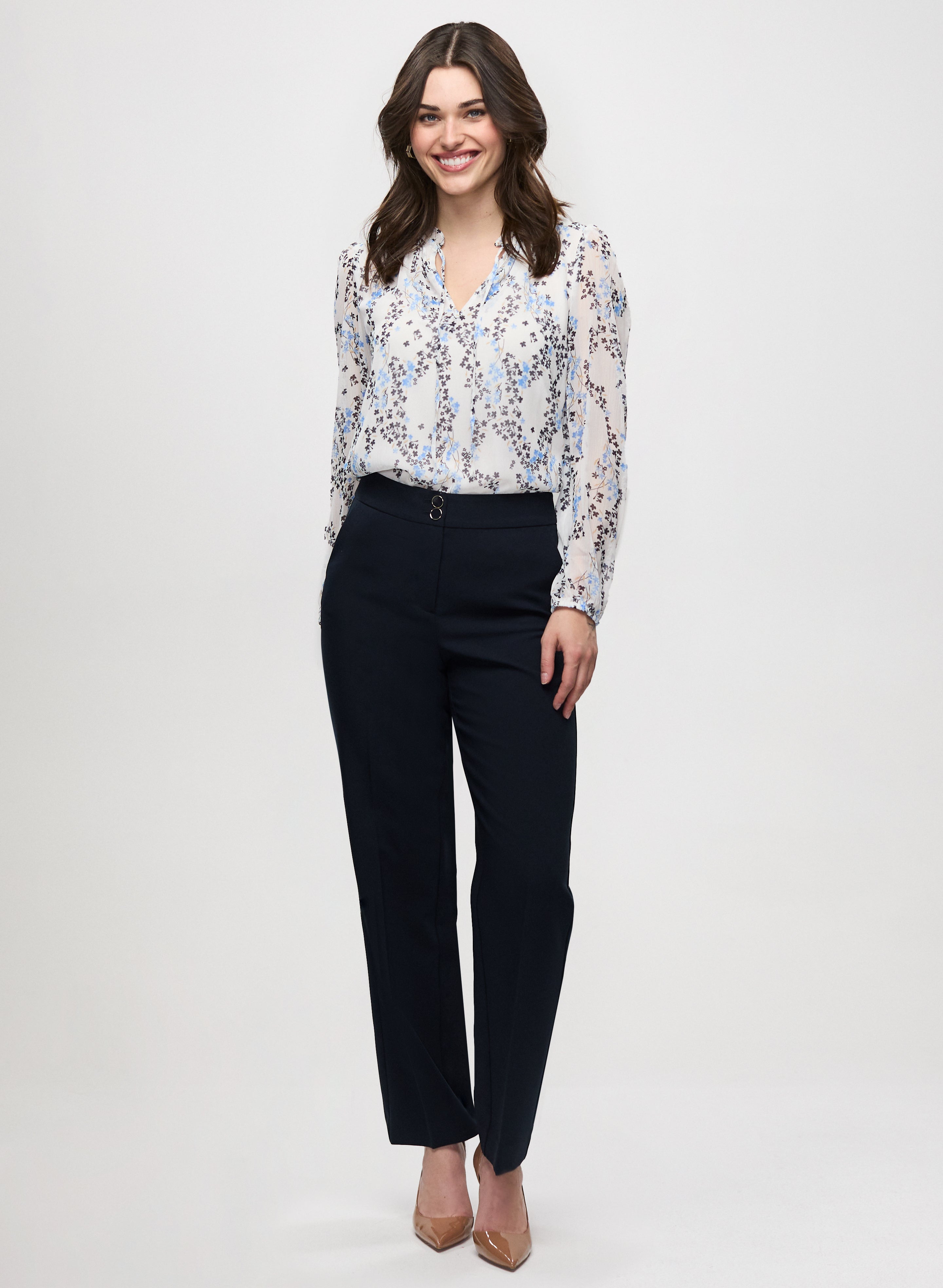 Floral Ruffle Neck Blouse & Straight Leg Pants Women's Elegant Office Wear Set - Perfect for Business Casual, Workwear and Professional Outfits