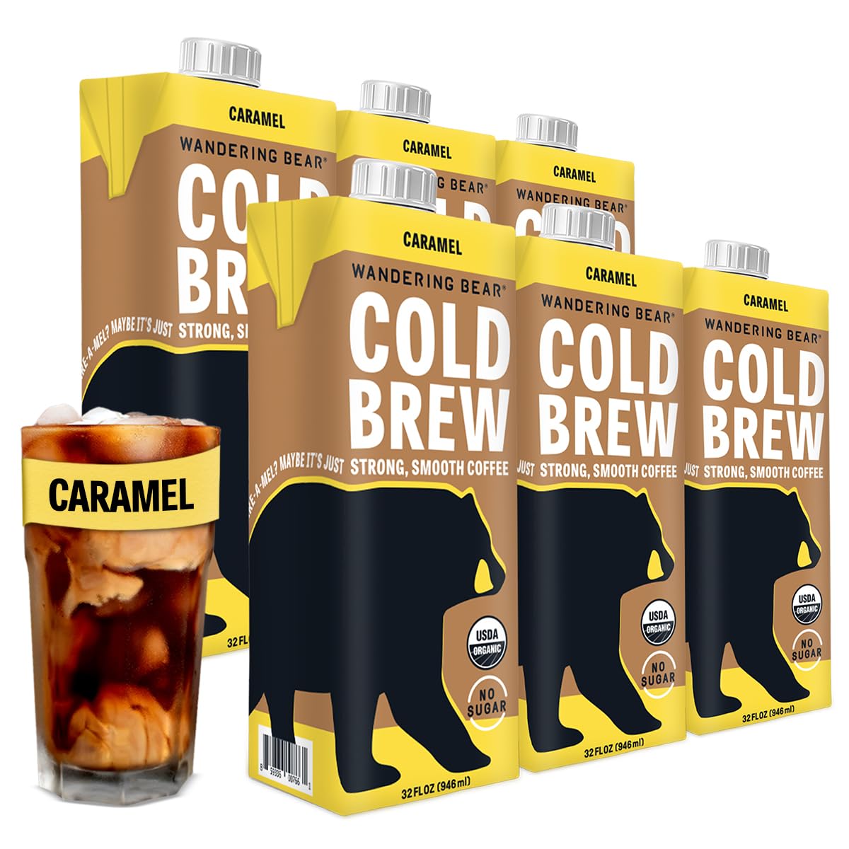 Organic Caramel Cold Brew Coffee - Extra Strong, Bold & Smooth - Unsweetened, Gluten Free, Vegan - Ready to Drink Iced Coffee (32 fl oz, 6 Pack) - Perfect for Office, Gym & Outdoor Activities