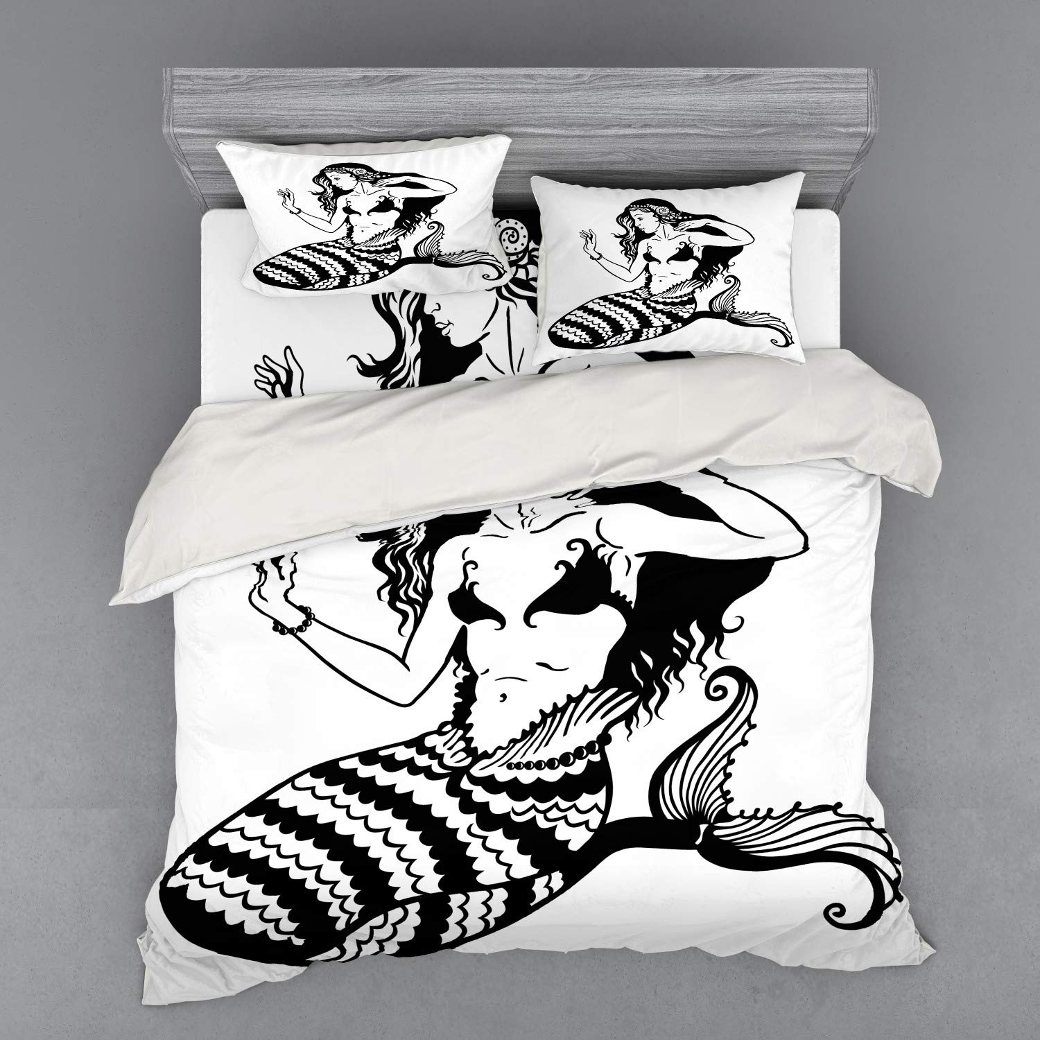 Ambesonne Underwater Mermaid Duvet Cover Set - King Size 4-Piece Bedding with Shams & Fitted Sheet, Monochrome Mythological Art, White & Black - Perfect for Beach Themed Bedrooms & Fantasy Decor