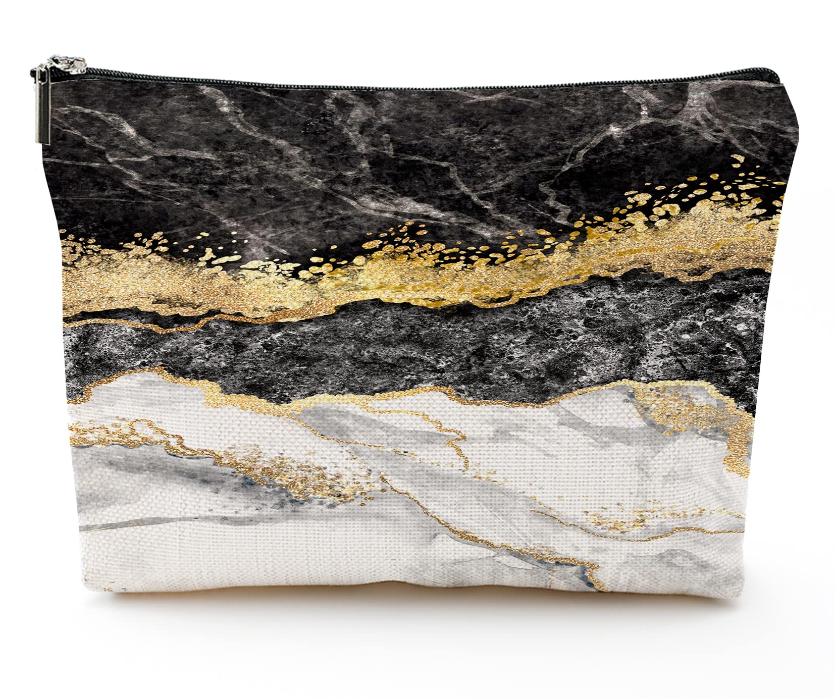 Black and White Gold Marble Makeup Bag - Waterproof Canvas Cosmetic Pouch & Toiletry Organizer for Women | Travel Storage Bag with Zipper | Perfect Gift for Girls | Ideal for Travel, Gym, and Daily Essentials Organization