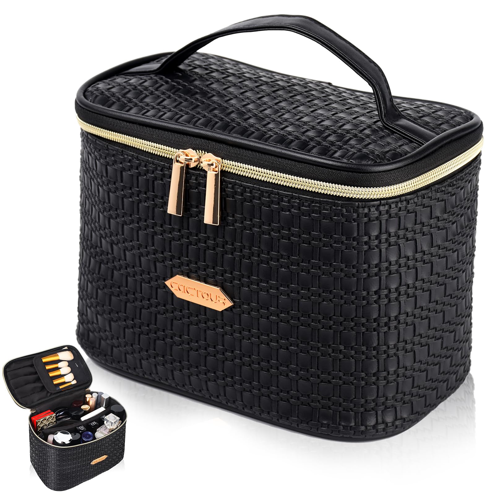 Women's Large Makeup Bag Travel Cosmetic Organizer with Brush Storage - Portable Waterproof Makeup Pouch for Toiletries, Cosmetics & Beauty Essentials (Black) - Perfect for Travel, Gym, Work & Daily Use