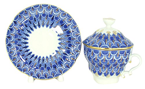 Lomonosov Porcelain Tea Cup and Saucer Set - 8.45 oz (250 ml) Hand-Painted Forget-Me-Not Floral Design - Elegant Russian Tea Set for Afternoon Tea, Gift Giving & Home Decor