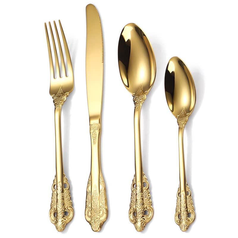 Premium 4-Piece Luxury Stainless Steel Flatware Set - Gold Silverware Cutlery for Western Dining (Spoons, Forks, Knives) - Elegant Tableware for Dinner Parties, Weddings & Fine Dining Restaurants