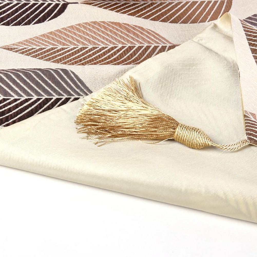 HOLY HOME Linen Table Runner with Tassel Trim - Jacquard 3D Tree Leaf Design - 13x108 Inch Brown Dining Table Decor for Thanksgiving, Christmas & Wedding Parties