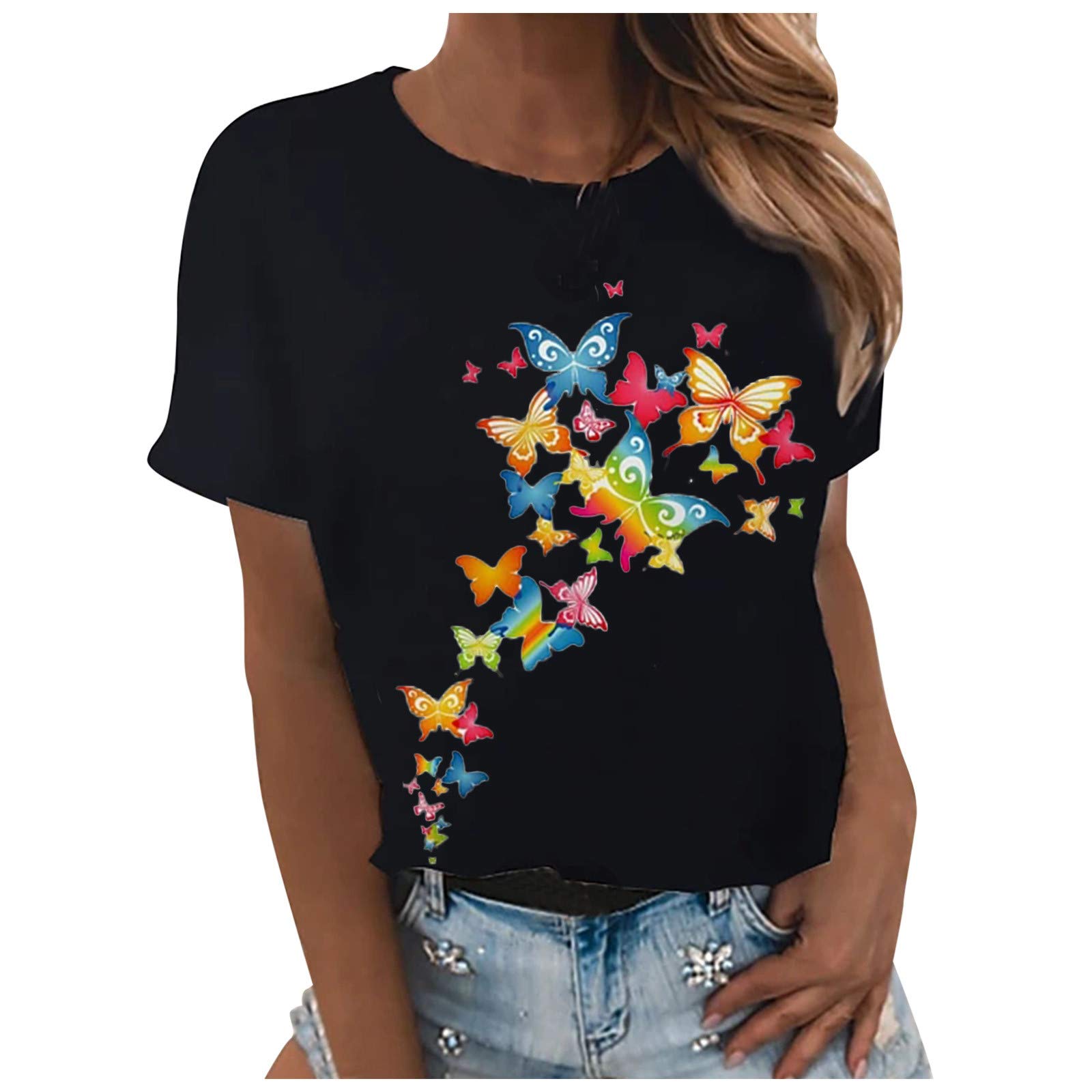 Women's Cold Shoulder Tops - Floral Print O-Neck Loose Short Sleeve Casual Tunic Blouse for Summer Outfits, Beach Wear & Party Dresses
