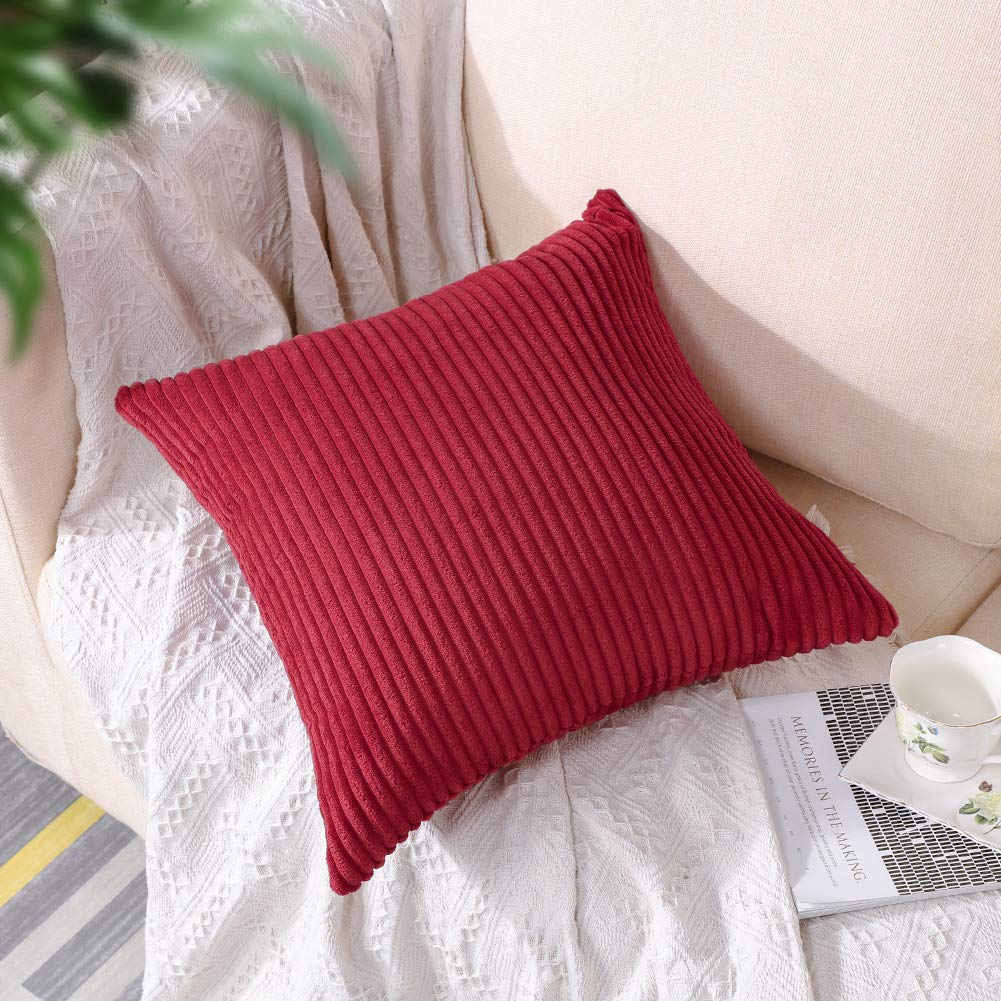 Artscope Cozy Striped Corduroy Pillow Covers 16x16 Inches - Super Soft Decorative Square Throw Pillow Cases for Sofa, Couch, Bed & Car - Burgundy - Perfect for Home Decor, Living Room Accent & Cozy Comfort