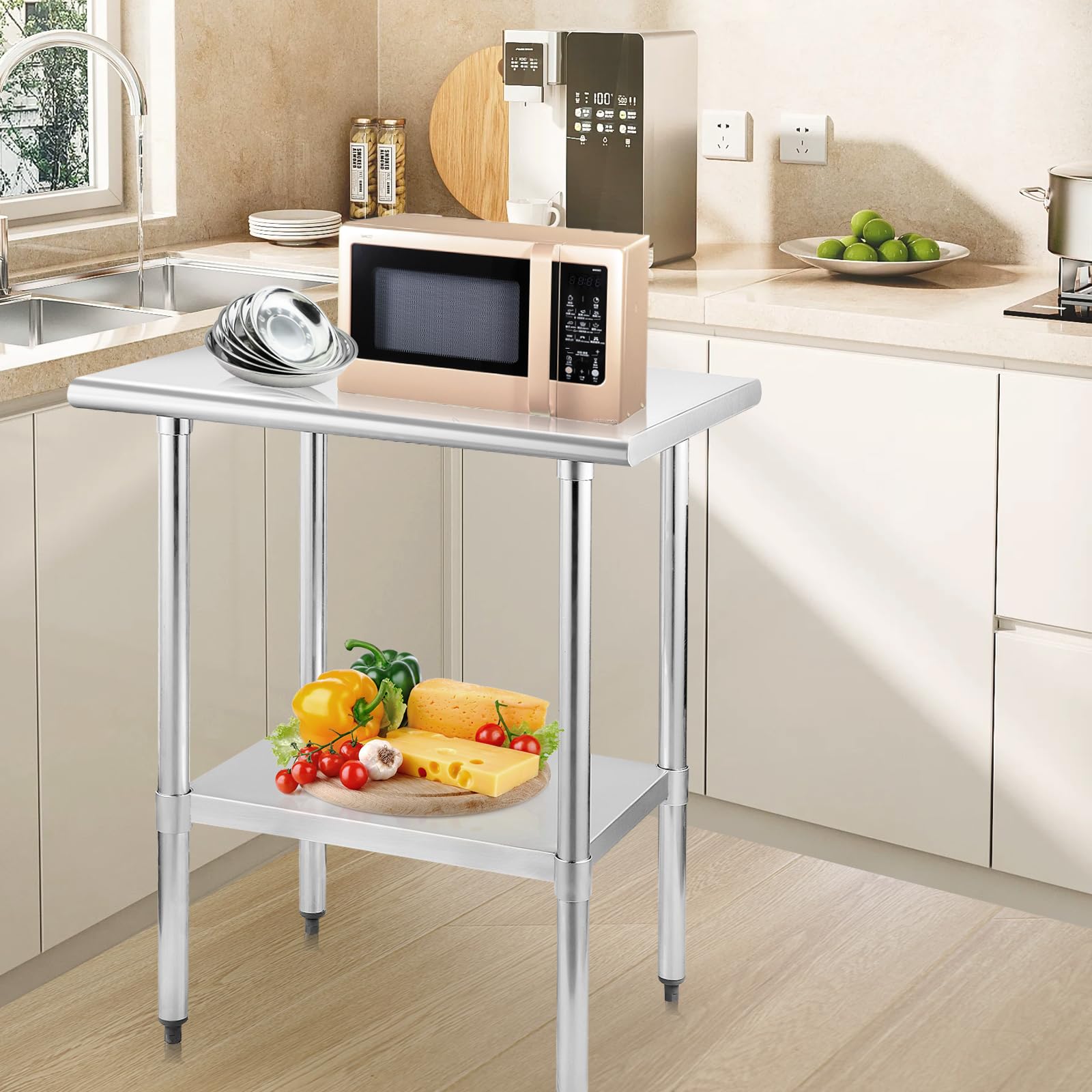 STABLEINK NSF Stainless Steel Work Table - 30 x 18 Inches Commercial Prep Table with Adjustable Undershelf | Heavy Duty Metal Table for Restaurant Kitchen, Hotel, Bakery & Garage Use | Perfect for Food Prep, Storage & Workshop Projects