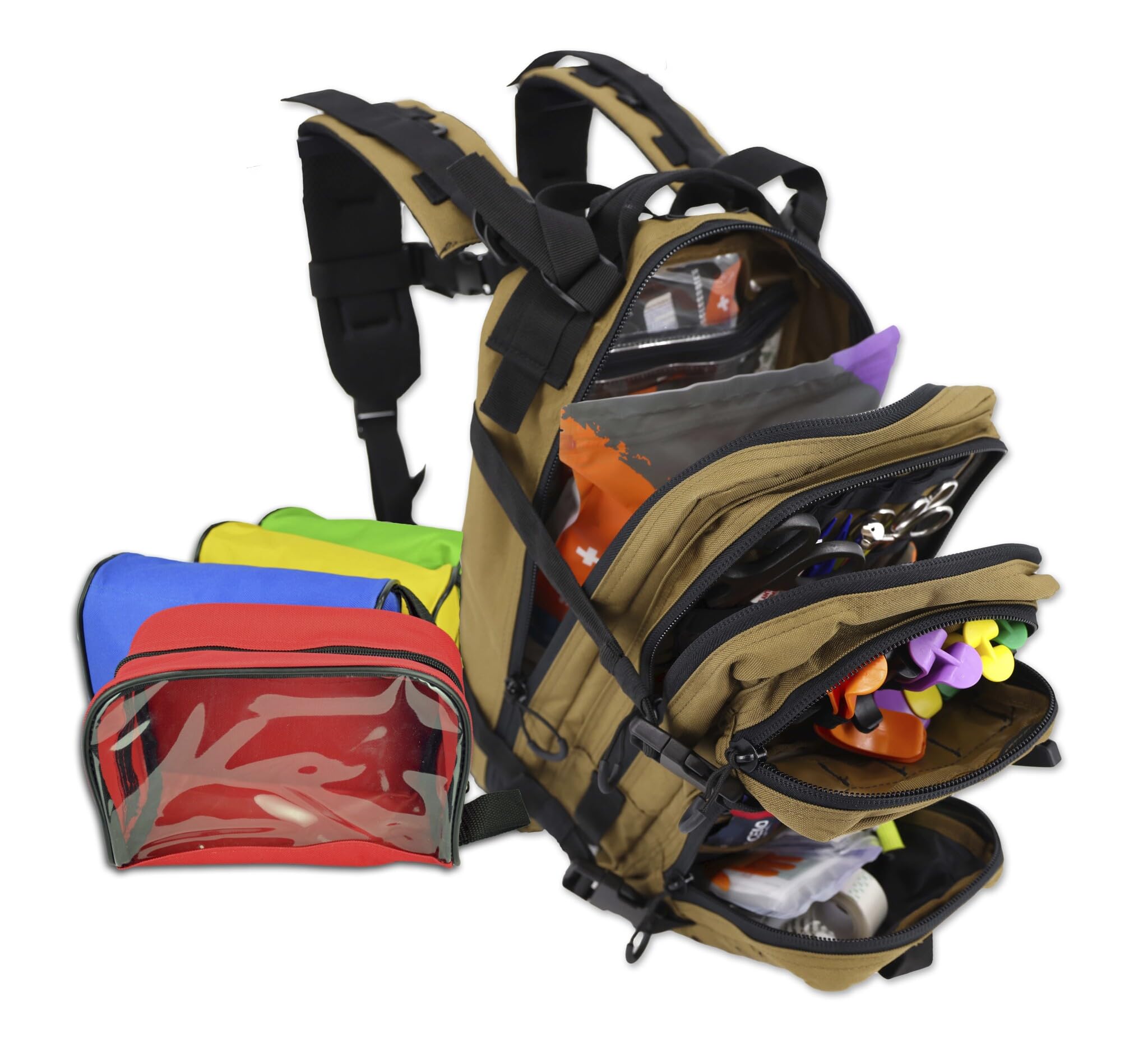 Lightning X Stocked EMS/EMT Trauma & Bleeding First Aid Responder Medical Backpack Kit with Pouches - Tan | Emergency Medical Supplies for First Responders, Outdoor Adventures & Disaster Preparedness