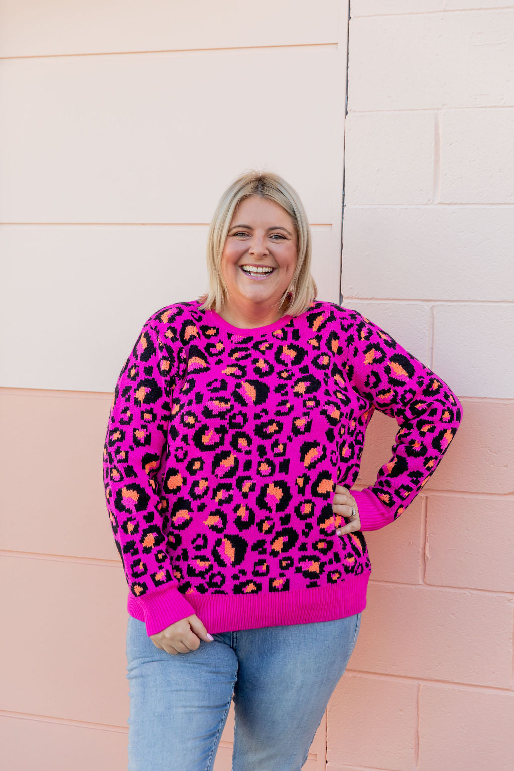 Kasey Rainbow Frankie Knit Sweater - Pink Leopard Print Women's Pullover | Cozy Winter Fashion for Casual Outings & Date Nights