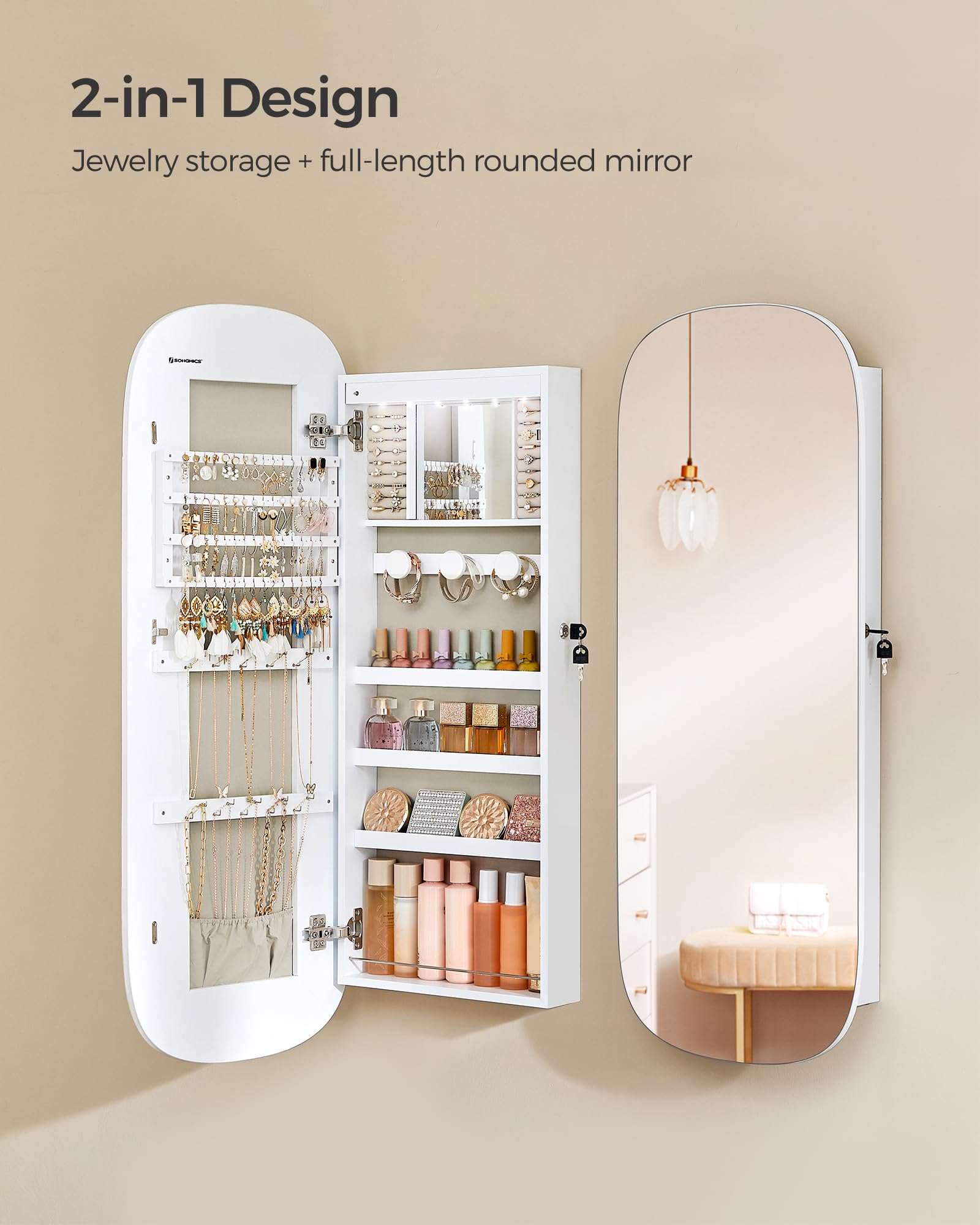 SONGMICS LED Jewelry Organizer Cabinet with Lockable Mirror - Wall or Door Mounted Jewelry Storage, 3.9 x 16.5 x 42.5 Inches, White with Greige Lining - Perfect for Bedroom, Closet, or Dressing Room Organization