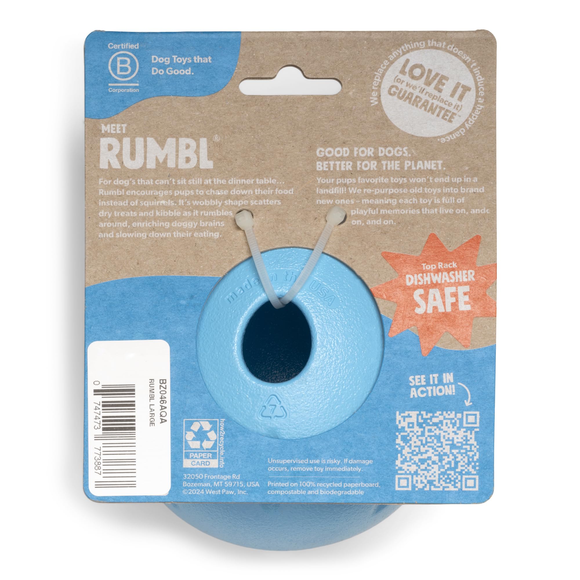 WEST PAW Zogoflex Rumbl Treat-Dispensing Dog Toy – Interactive Slow-Feeder Chew Toy for Moderate Chewers – Durable Fetch & Catch Enrichment Toy Holds Kibble Treats (Aqua Blue, Small) – Perfect for Indoor Play, Training Rewards & Mental Stimulation