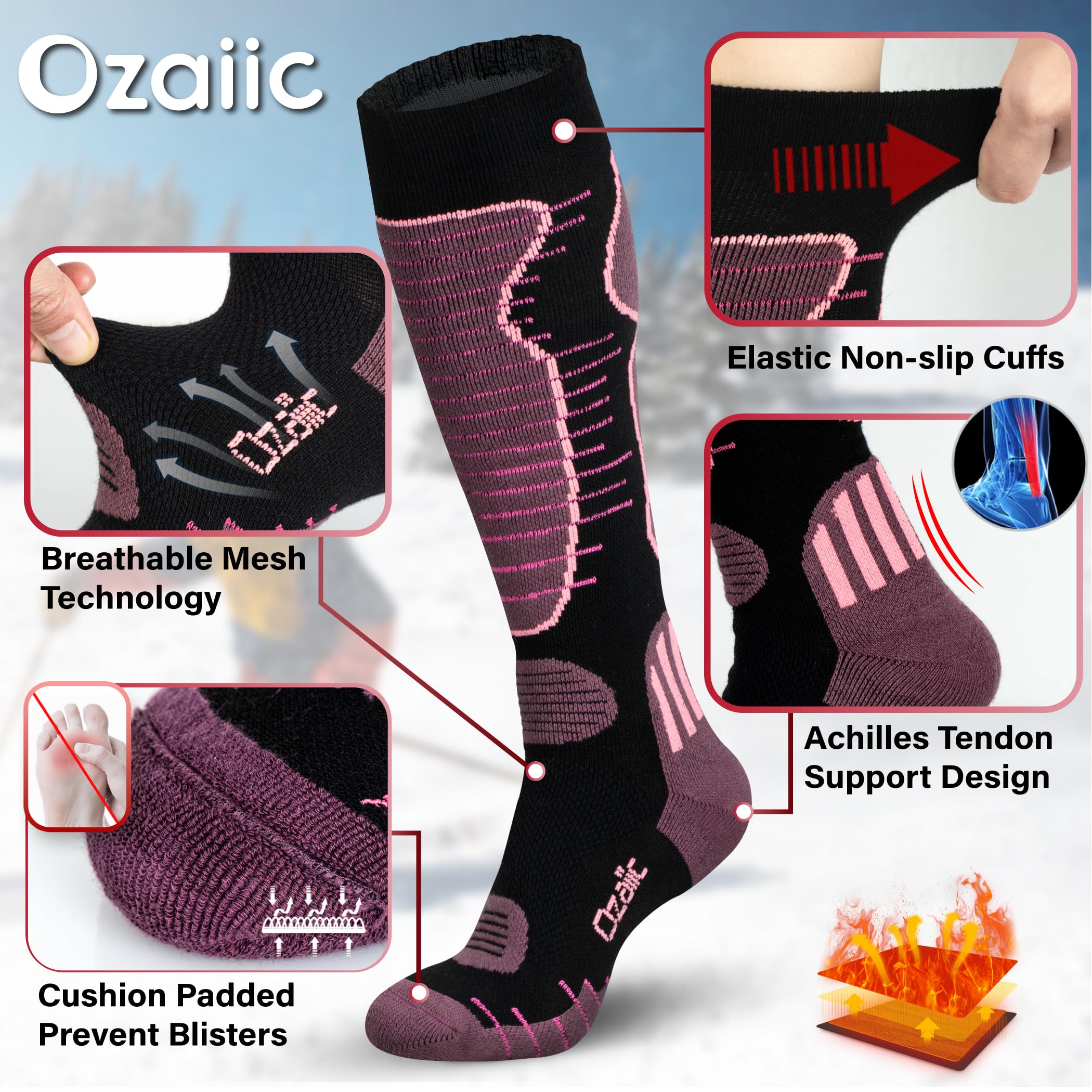 Merino Wool Ski Socks for Men & Women - 2 Pairs Warm Thermal Performance Socks for Skiing & Snowboarding