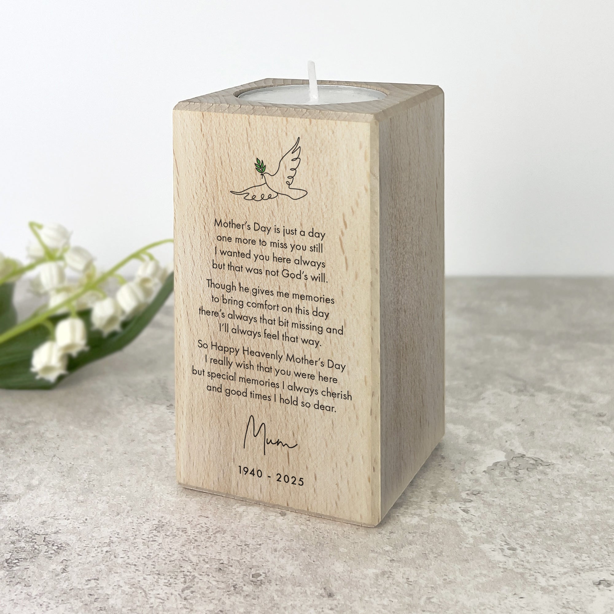 Personalized Happy Heavenly Mother's Day Wooden Tea Light Holder - 2 Sizes (Small & Large) - Memorial Candle Holder for Mom, Perfect for Remembrance, Home Decor & Memorial Services