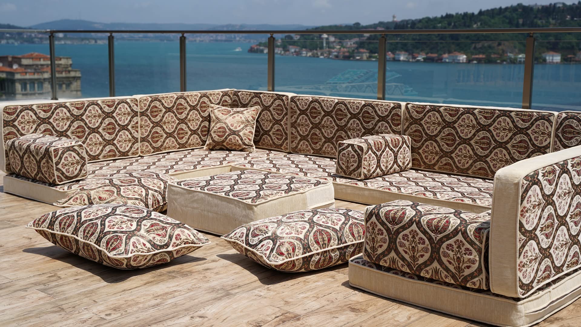 Luxury U-Shaped Arabic Sofa Set with Floor Cushions & Backrest Pillows - Moroccan Majlis Style Indoor/Outdoor Seating with Coffee Table - Perfect for Living Rooms, Patios & Traditional Arabic Gatherings