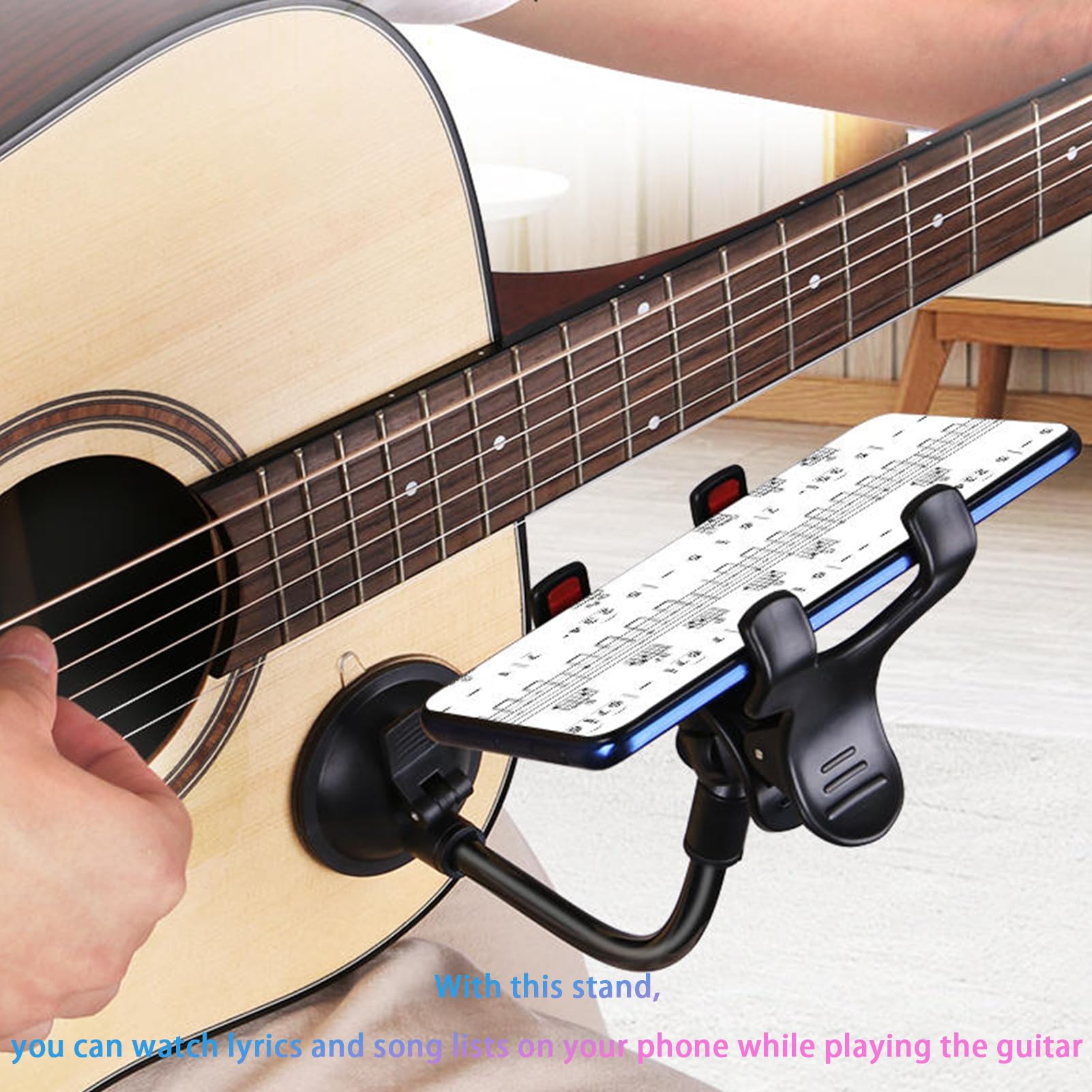 Universal Guitar Phone Holder with Gooseneck Mount - Removable Suction Cup for Acoustic/Electric/Classical Guitars - Hands-Free Music Stand for Sheet Music & Video Recording