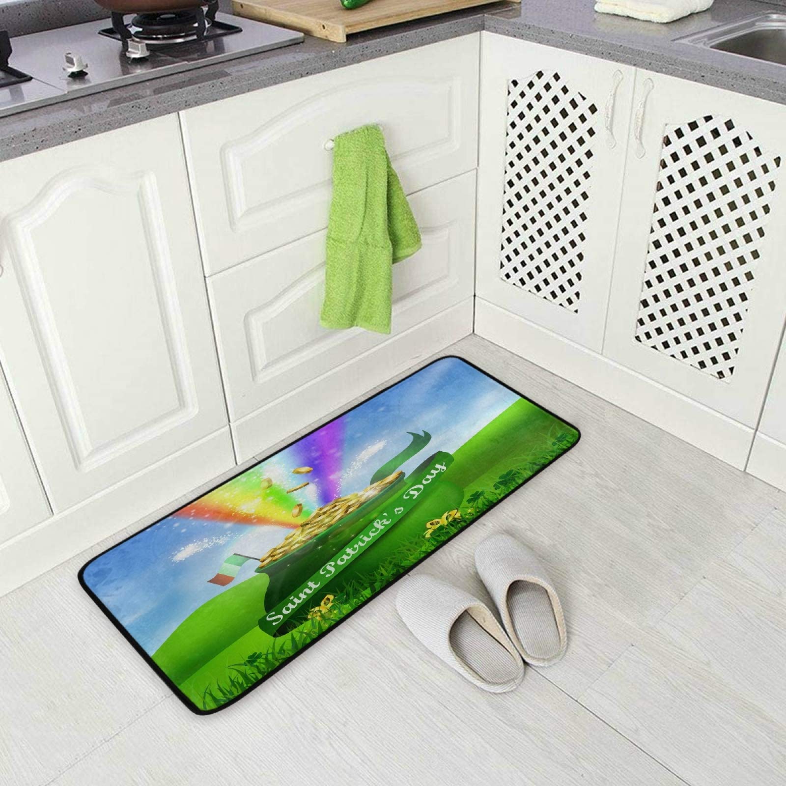 St. Patrick's Day Gold Pot Non-Slip Kitchen Floor Mat with Rainbow & Irish Flag - 39