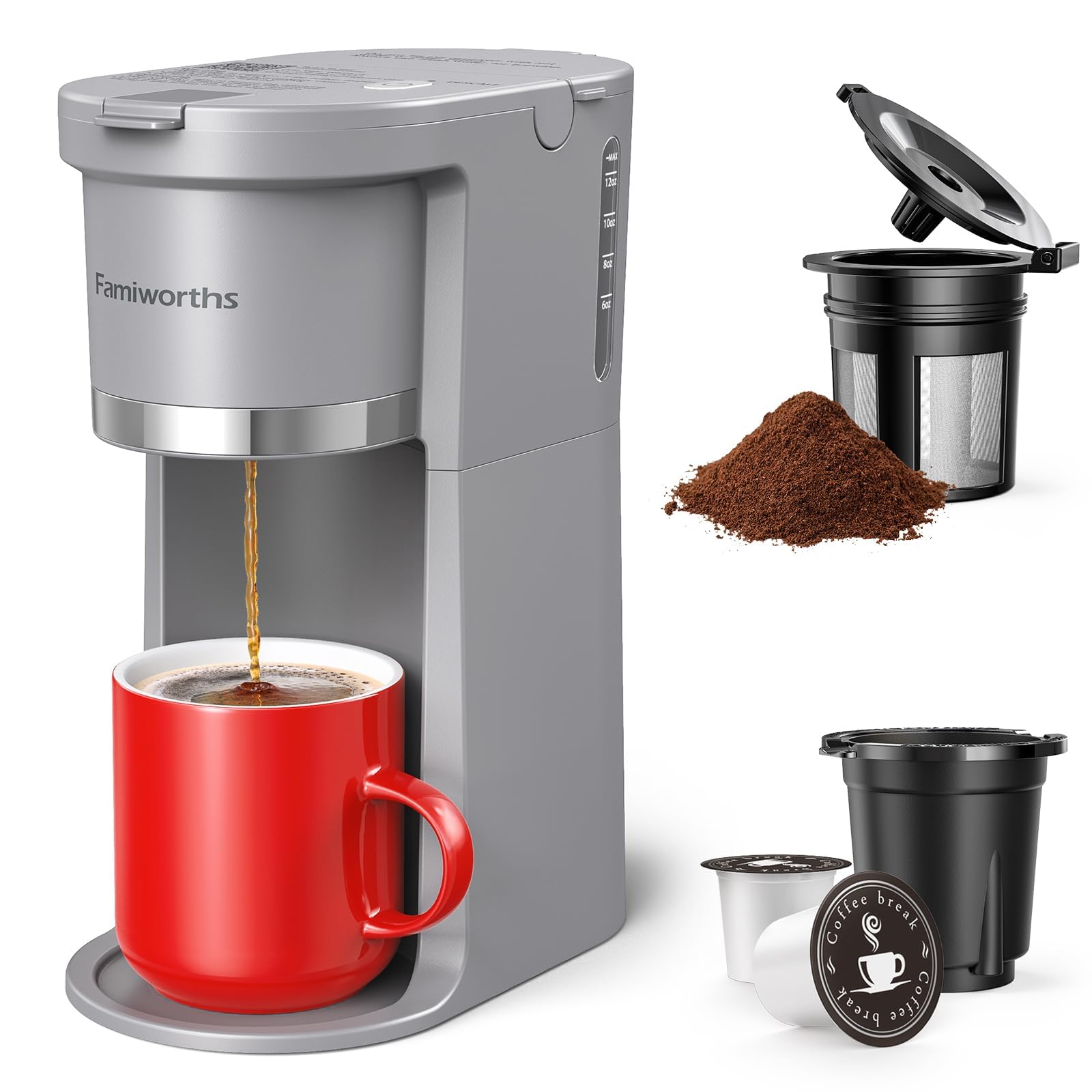 Famiworths Mini Single Serve Coffee Maker for K-Cups & Ground Coffee - 6 to 12 Oz Brew Sizes, Compact Capsule Coffee Machine with Water Window & Descaling Reminder - Perfect for Home, Office, Dorm & Travel (Gray)