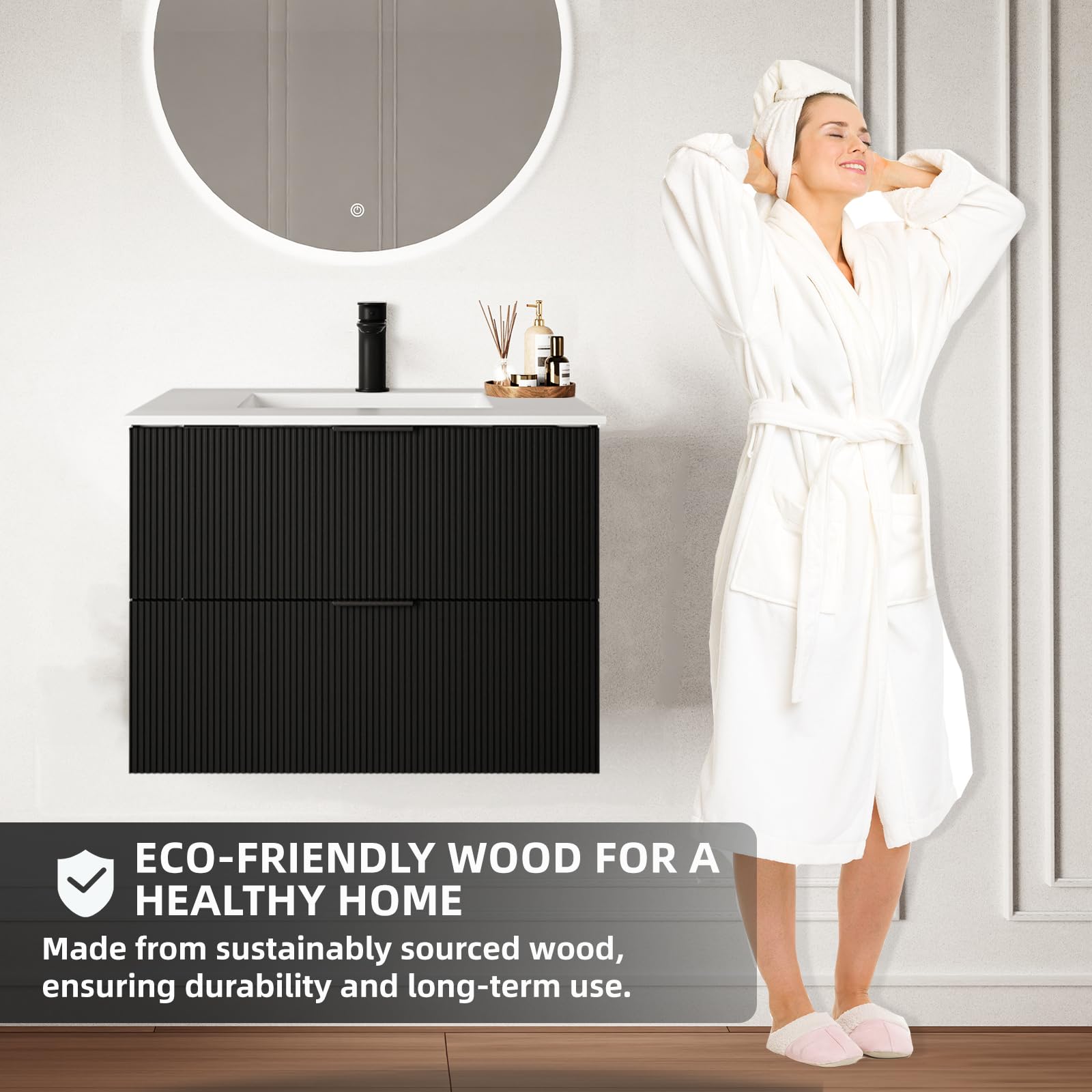 24 Inch Modern Bathroom Vanity with Black Ceramic Sink - Floating Wall Mounted Fluted Design & Storage Drawers - Perfect for Small Bathrooms, Powder Rooms & Contemporary Home Decor