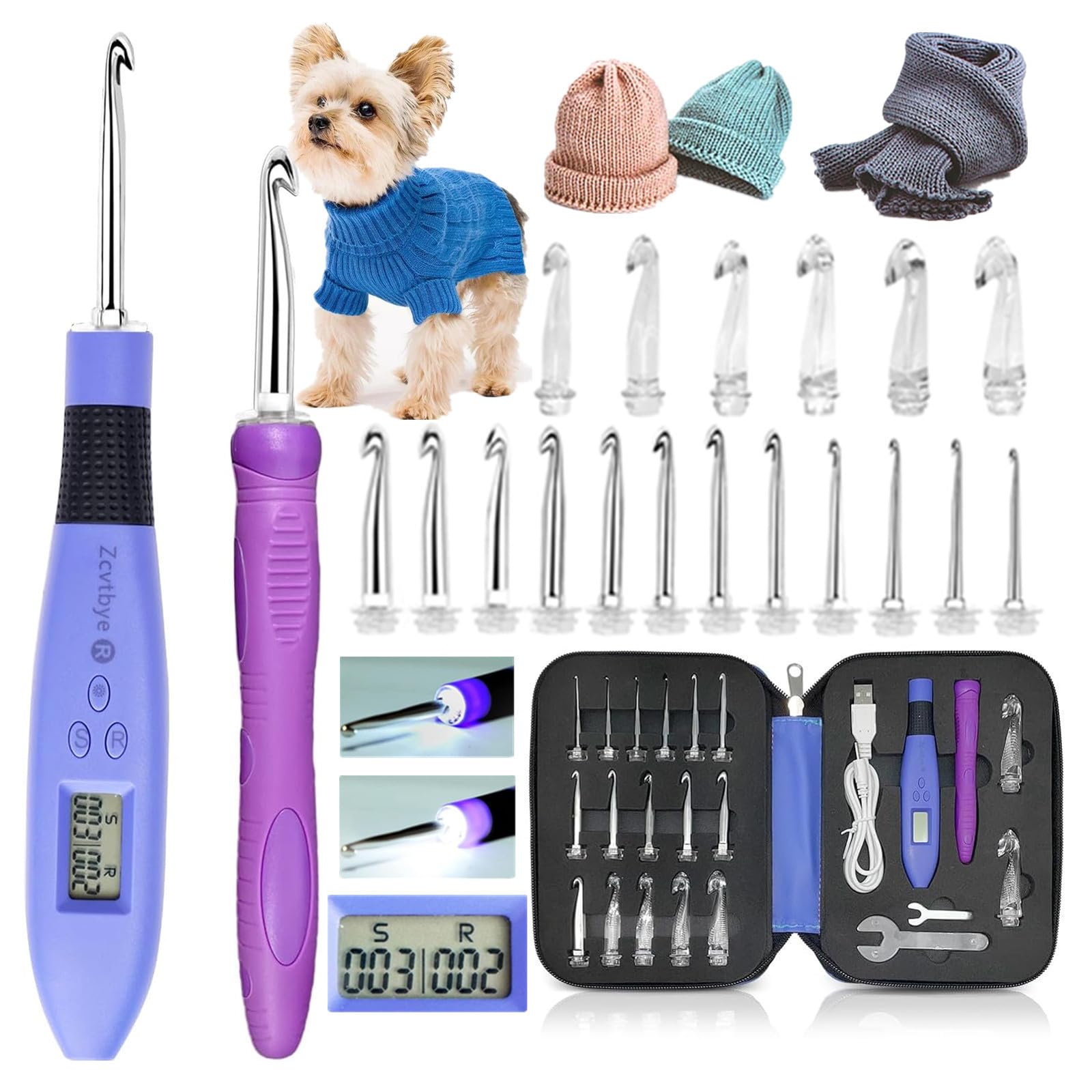 Zcvtbye 18-Piece Light Up Crochet Hooks Set with Stitch & Row Counter - Ergonomic Lighted Crochet Needles Kit with Storage Case (Purple) - Perfect for Night Crocheting, Knitting Projects & Beginners
