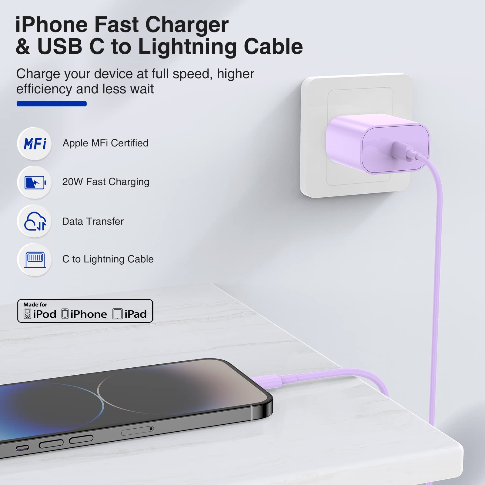 6ft Fast Charging USB C to Lightning Cable - 20W Compatible with iPhone 14/13/12/11 Pro Max Plus & iPad - Includes Wall Charger (2 Pack, Purple) - Perfect for Home, Office & Travel Charging