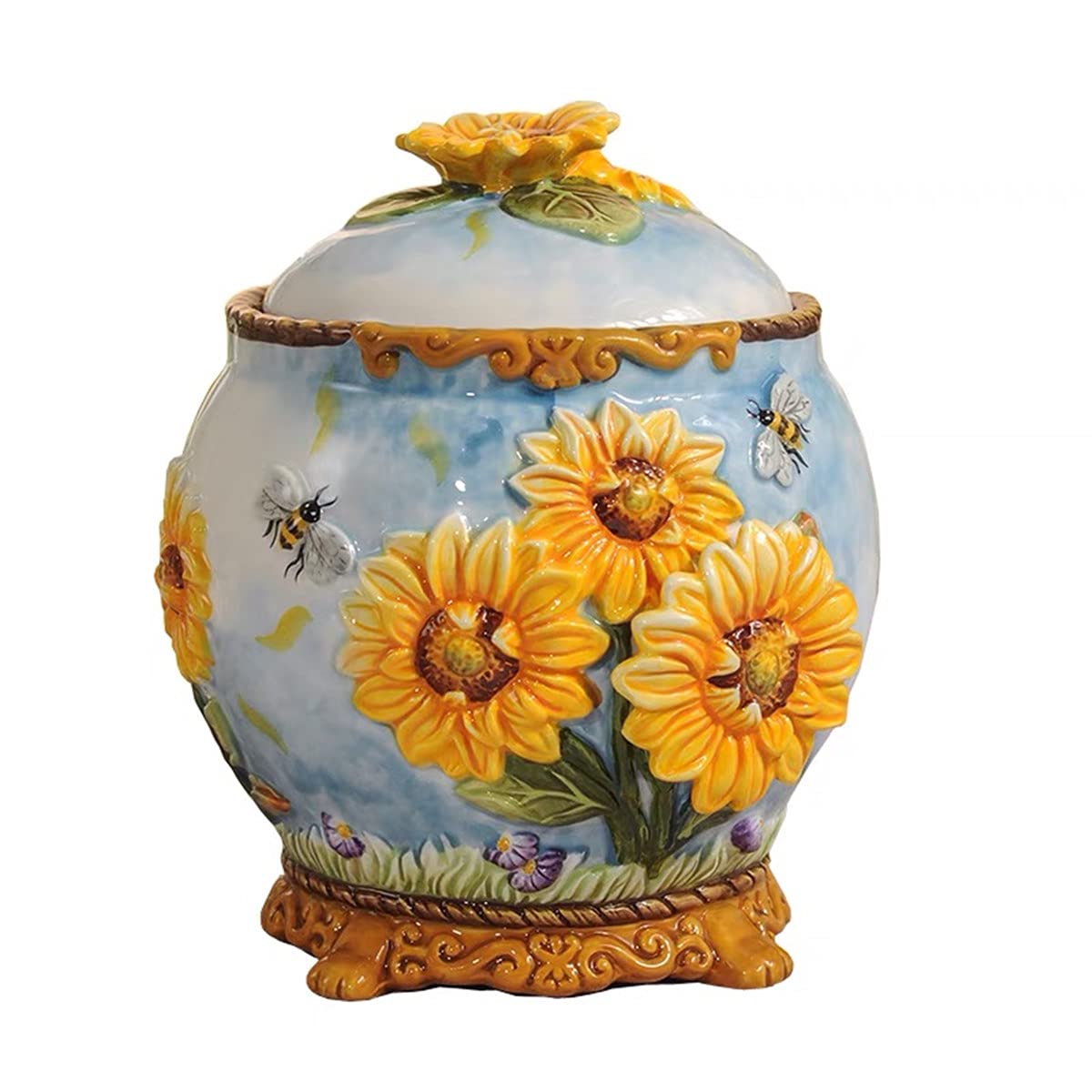 Handmade Ceramic Food Storage Containers with Lids - 3D Sunflower Design, Airtight Kitchen Jars for Flour, Sugar, Coffee & Spices | Decorative Countertop Organizer for Pantry & Home Decor