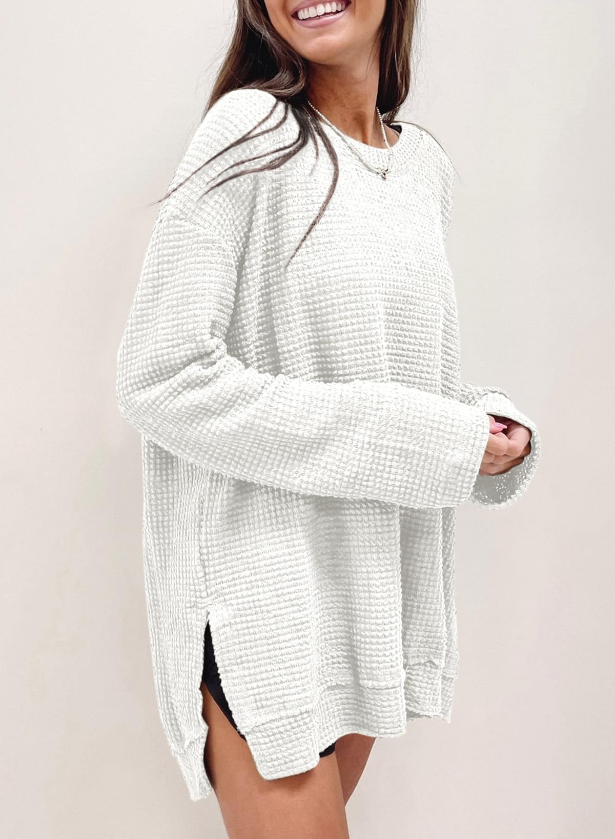 Women's Long Sleeve Oversized Crewneck Sweatshirt - Soft Waffle Knit Top for Spring 2025 | Casual Loungewear & Streetwear Fashion