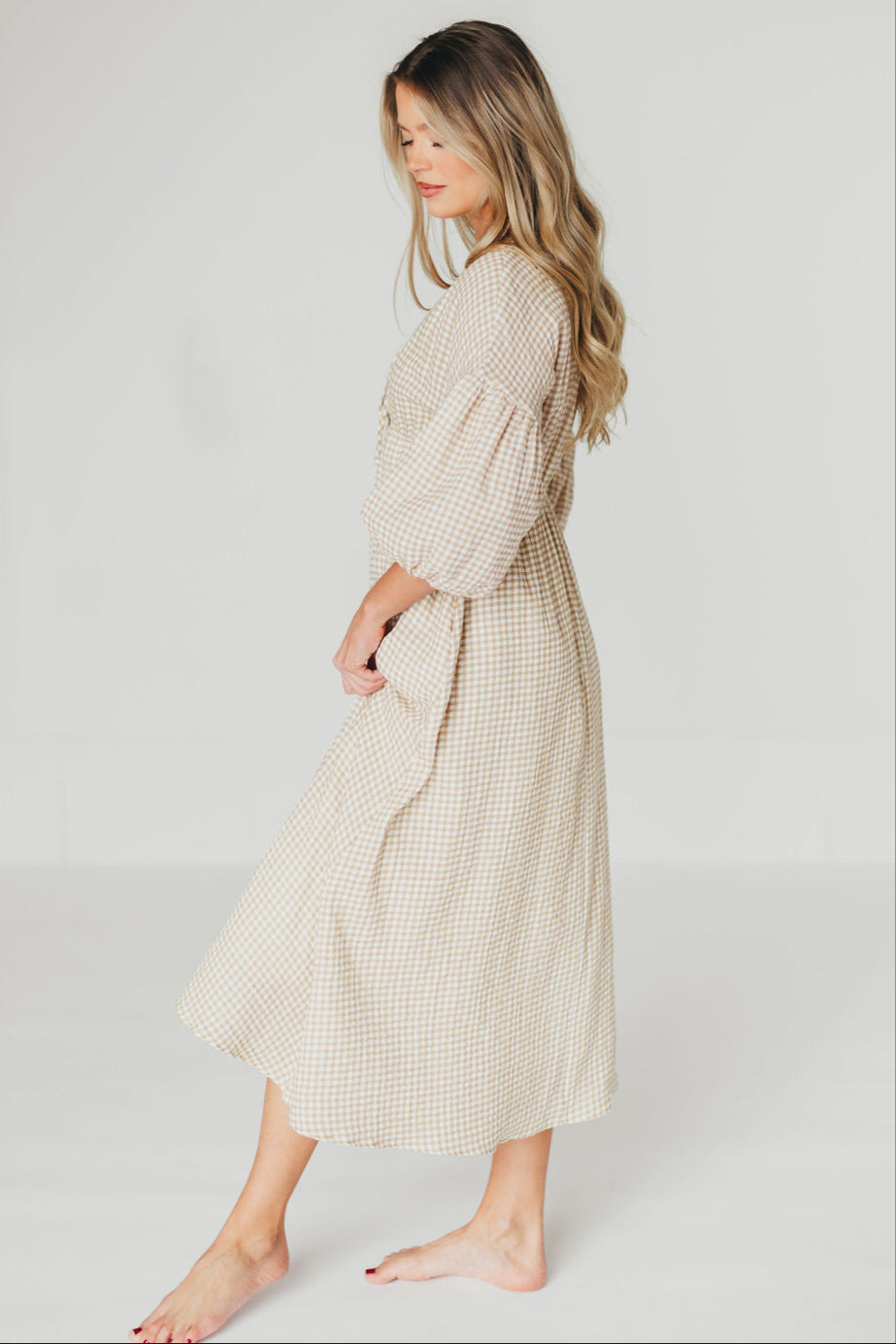 Hunter Printed Gauze Midi Dress in Natural Plaid - Bump Friendly Maternity Dress for Summer, Beach, and Casual Outings