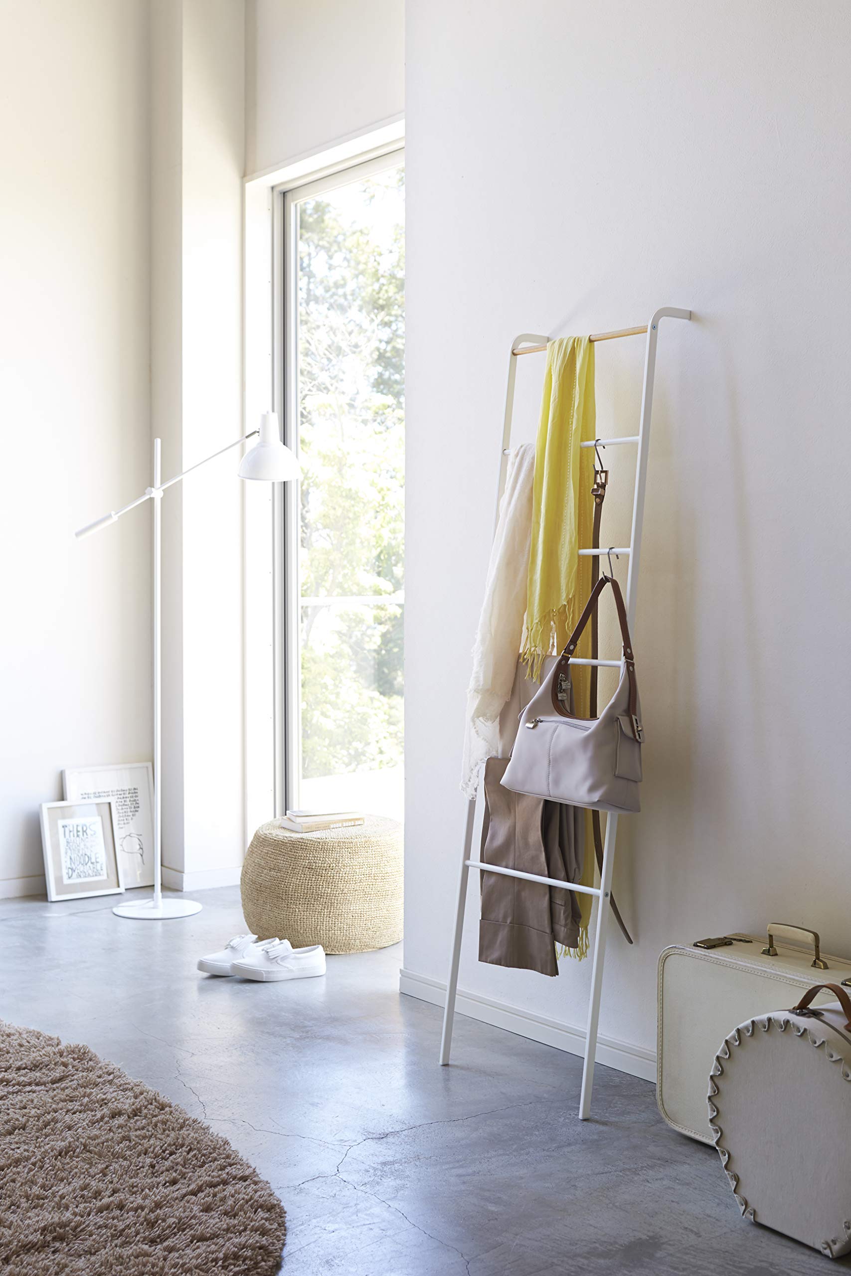 YAMAZAKI Home Tall White Shoe Rack & Leaning Ladder Rack - Space Saving Entryway Organizer for Small Spaces, Hallway, Apartment Storage (Model 2812)
