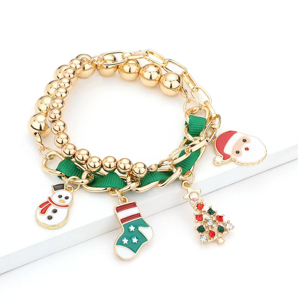 Christmas Theme Enamel Charm Stretch Bracelets for Women - Festive Holiday Jewelry Gifts for Christmas Party, Stocking Stuffers & Family Gatherings