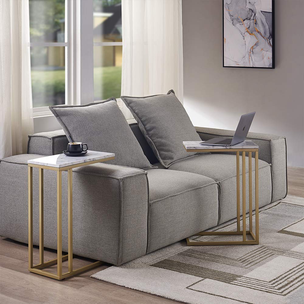 Modern C-Shape Side End Table with Faux Marble Tray & Metal Frame - Gold Snack Table, Laptop Stand, Coffee Holder - Set of 2 - Perfect for Living Room, Bedroom, or Office Use