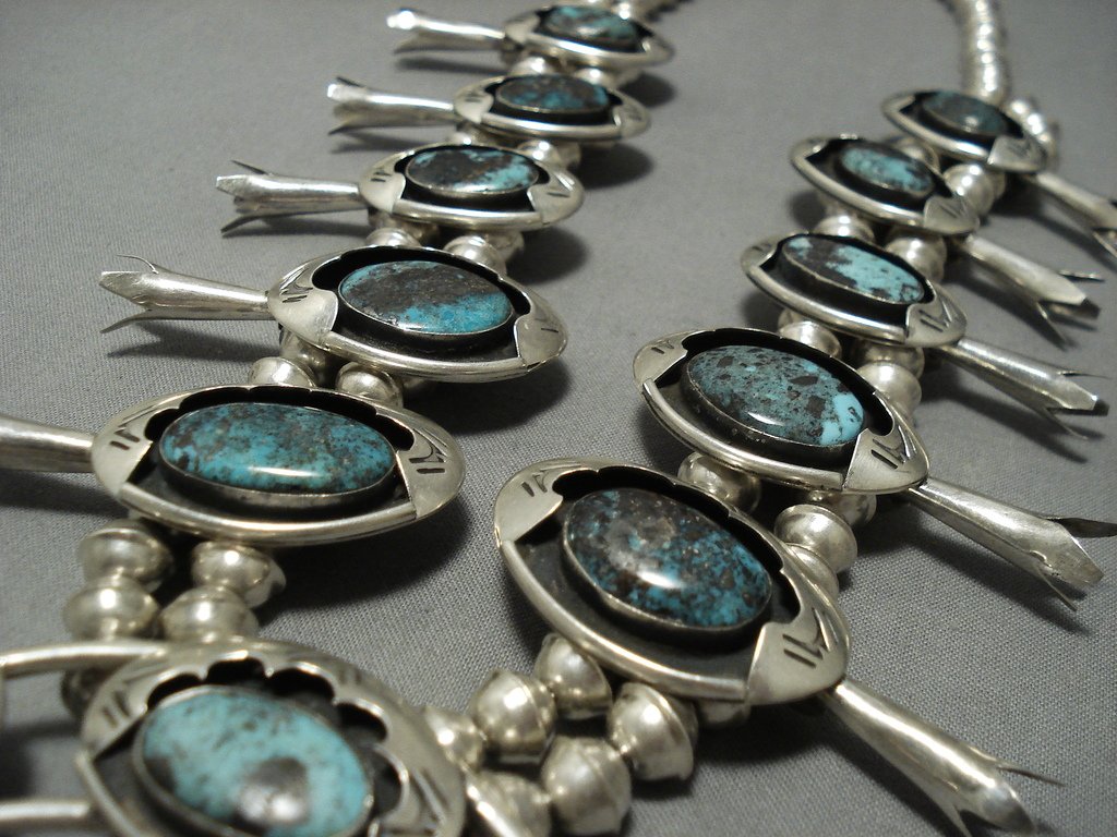 Authentic Navajo Sterling Silver Squash Blossom Necklace with Bisbee Turquoise - Vintage Native American Jewelry for Women - Perfect for Boho Fashion, Western Style & Special Occasions