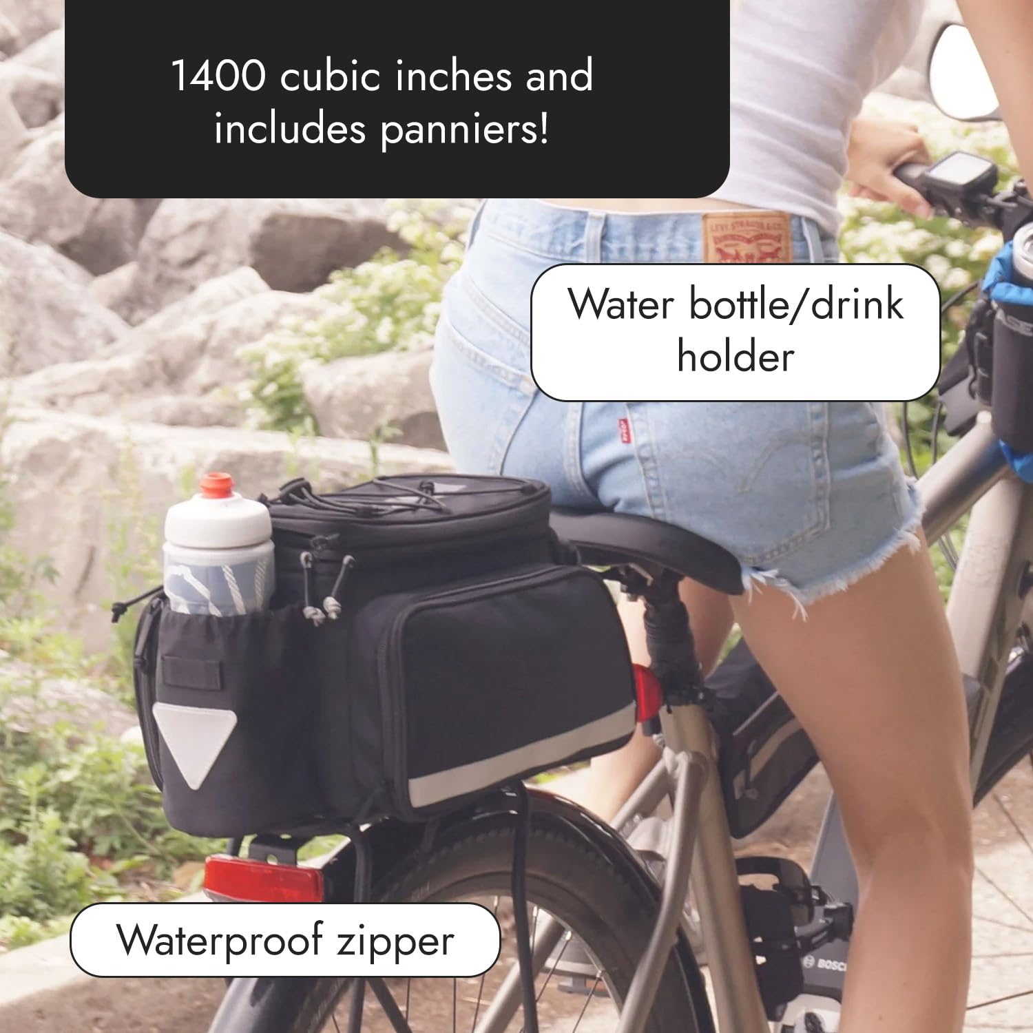 BiKase Big Daddy Expandable Bike Rack Bag with Detachable Panniers - Waterproof Rear Bicycle Trunk for E-Bikes & Commuter Bikes | Features Ice Compartment, Phone Pocket, Bottle Holder & Reflective Safety Strips | Perfect for Grocery Shopping, Work Commutes & Outdoor Adventures