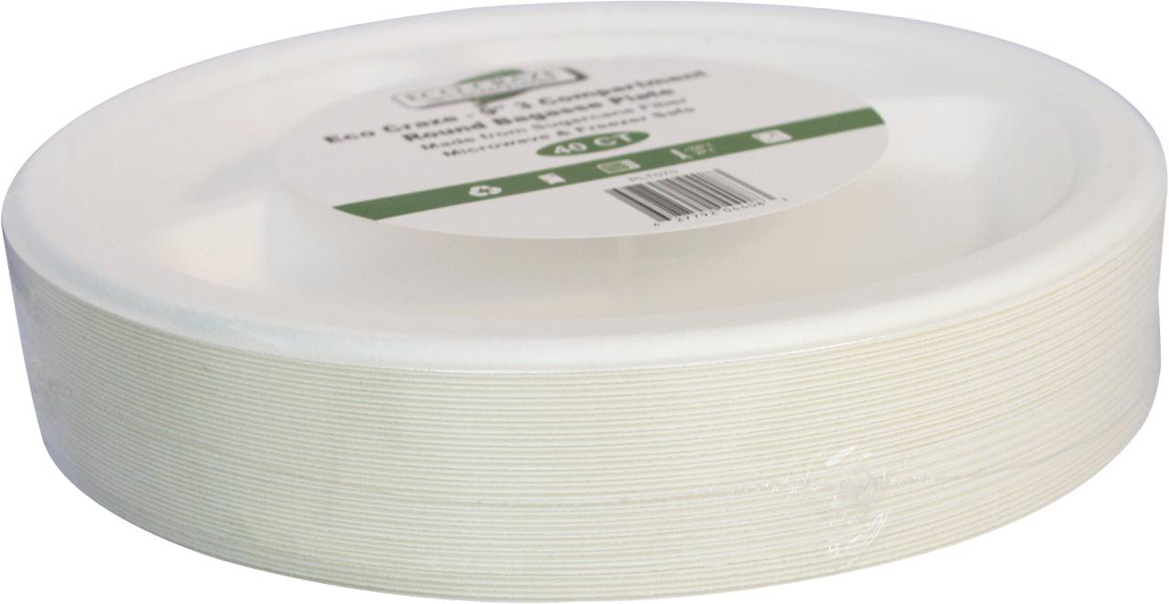 Eco-Friendly 9-Inch 3-Compartment Bagasse Round Plates - Biodegradable & Compostable Disposable Dinnerware for Parties, Picnics, and Catering Events