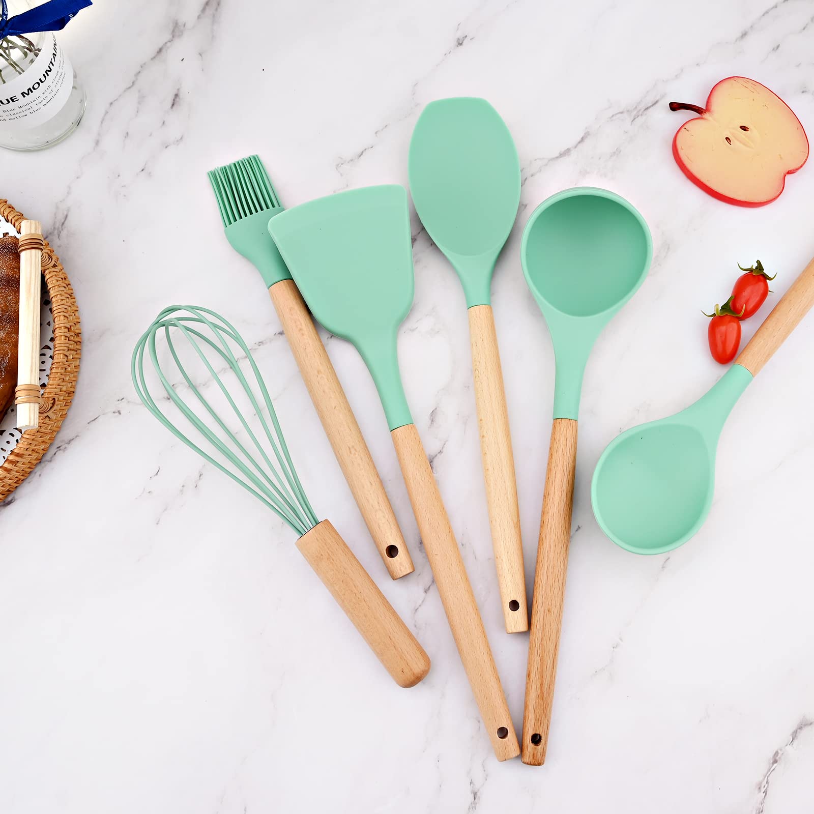 Premium 11-Piece Silicone Kitchen Utensil Set with Wooden Handle - Heat-Resistant Cooking Tools, Spatula Set with Holder - Dark Green - Perfect for Baking, Cooking & Kitchen Essentials