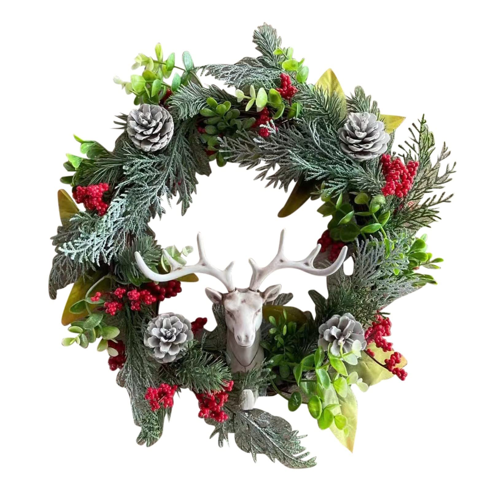 Artificial Christmas Wreath with Pine Cones, Frosted Antlers & Berry Design - White Spruce Branches Decorated with Lights - Perfect for Holiday Tree Decor, Mantel Display, and Festive Home Decorating