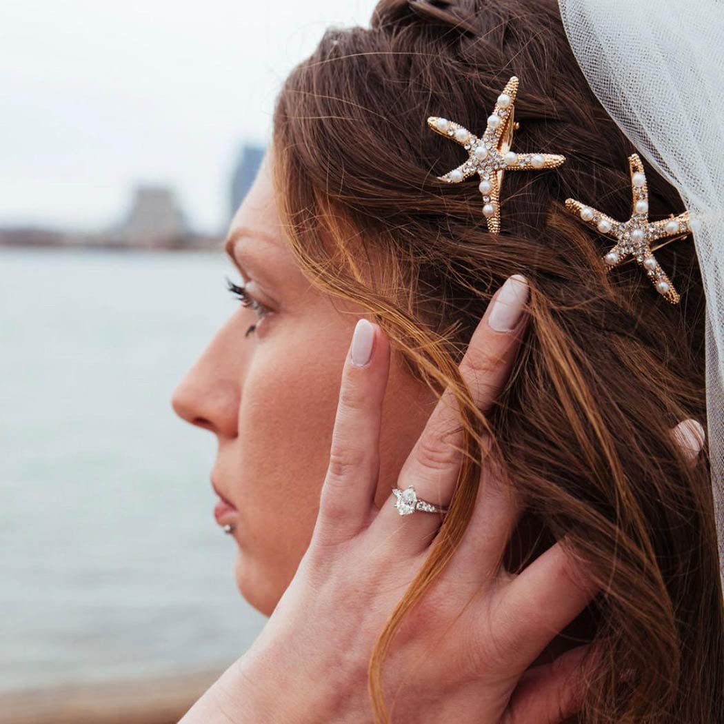BARTOSI Gold Pearl Starfish Hair Clips - Elegant Mermaid Hair Barrettes for Women & Girls (Pack of 2) | Perfect for Beach Weddings, Summer Parties & Boho Fashion Accessories