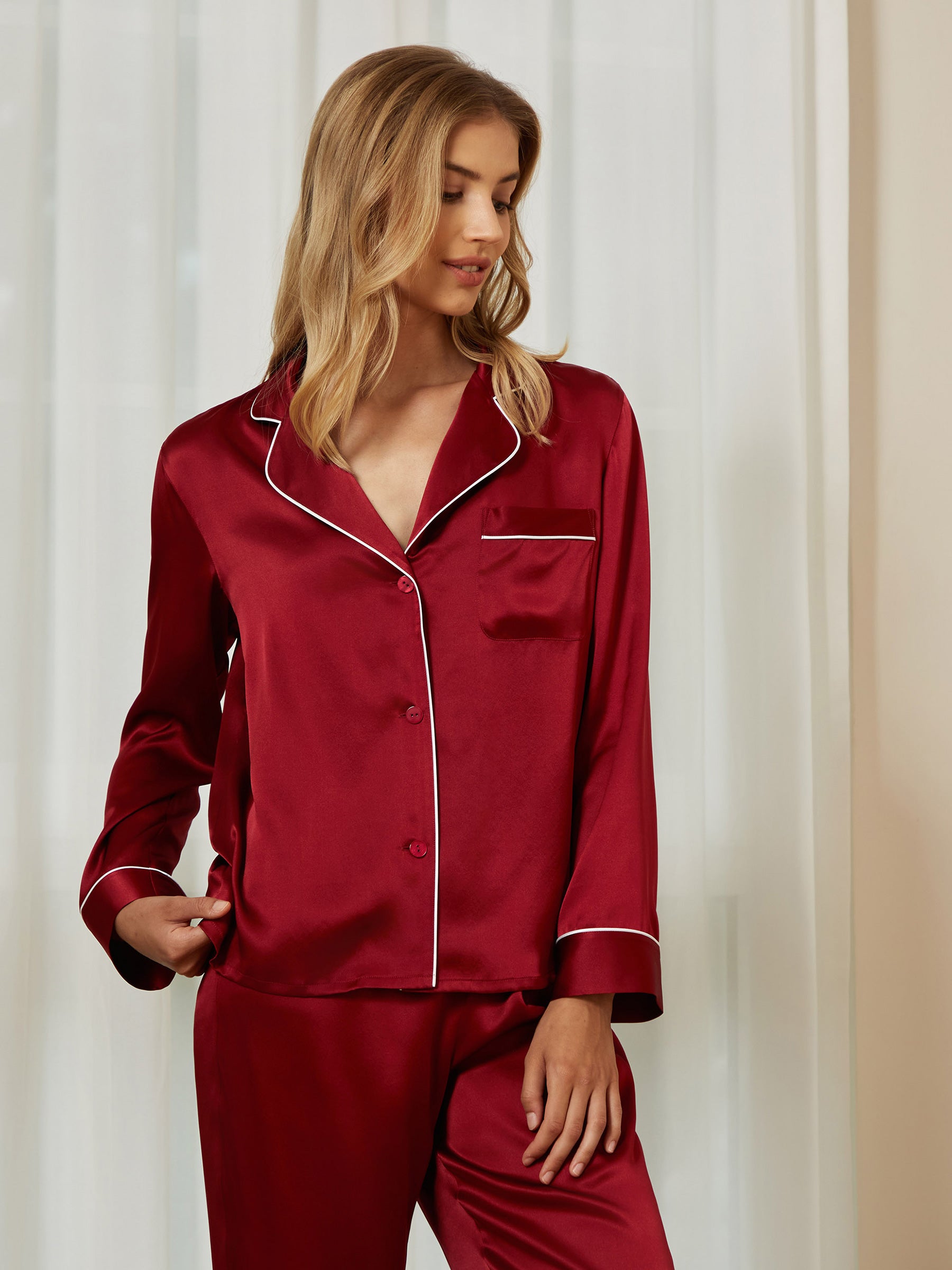 Elegant Piped Silk Long Sleeve Pajama Set for Women - Soft & Luxurious Sleepwear - Perfect for Nighttime Comfort, Lounging, and Bridal Shower Gifts