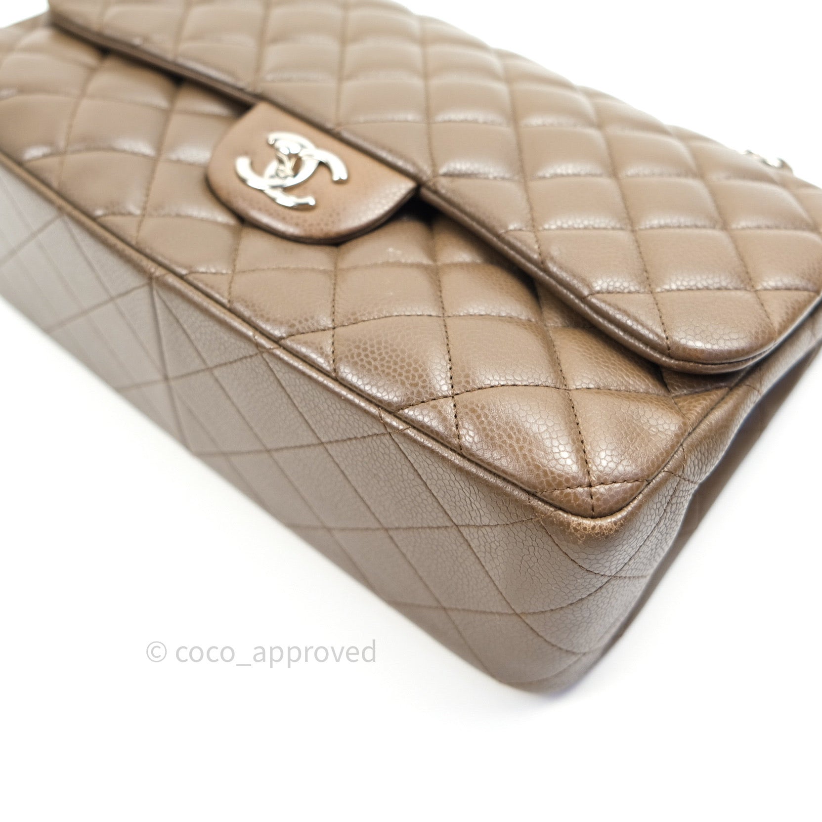 Chanel Classic Double Flap Quilted Jumbo Bag in Khaki Caviar Leather with Silver Hardware - Luxury Designer Handbag for Women, Perfect for Work, Evening Events & Everyday Use