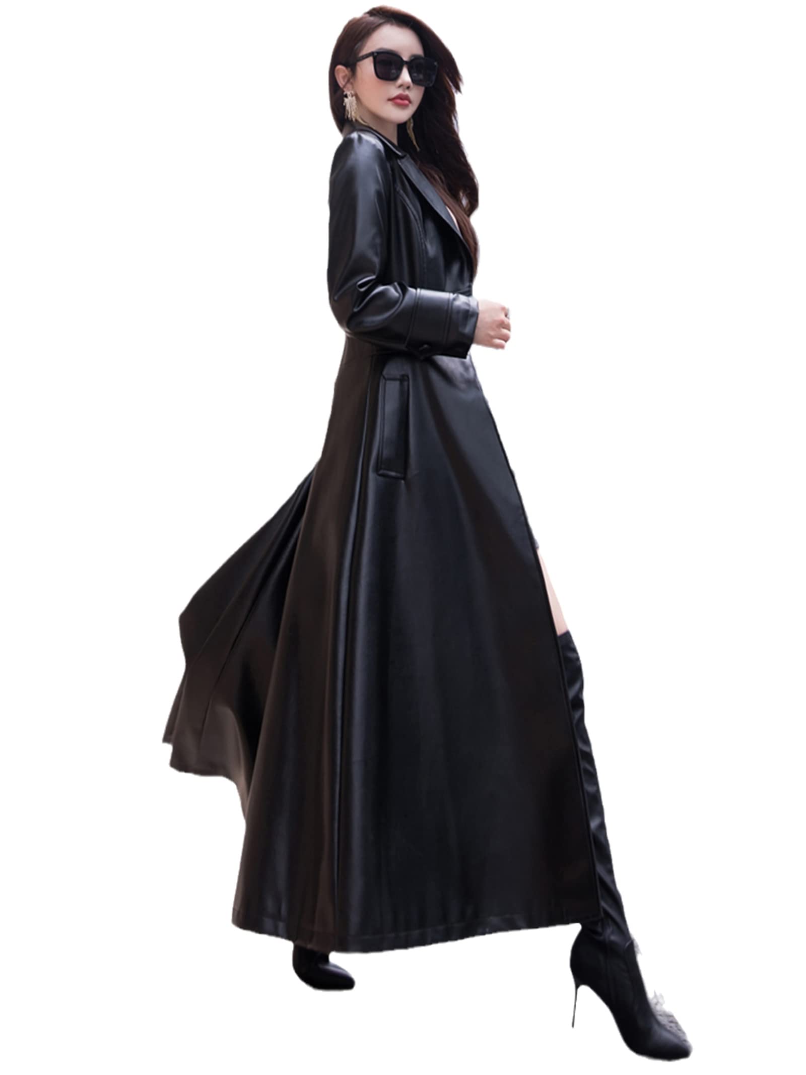 Women's Black Flare Leather Trench Coat - Long Sleeve Lapel Jacket for Spring | Stylish Outerwear for Office, Dating & Evening Events