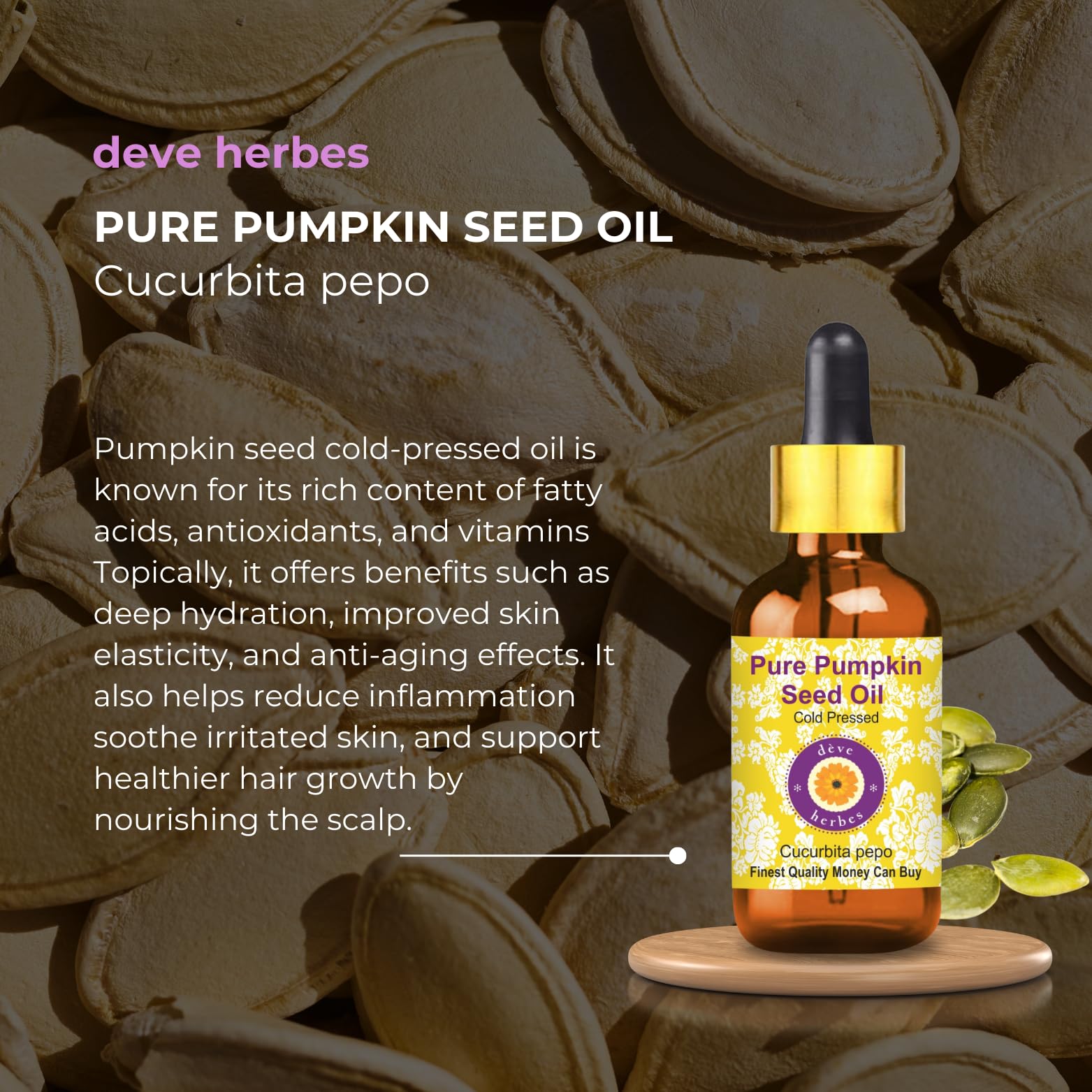 Deve Herbes Pure Pumpkin Seed Oil (Cucurbita pepo) - 100% Natural, Cold-Pressed, Therapeutic Grade - 10ml Bottle for Hair Growth, Skin Care & Prostate Health